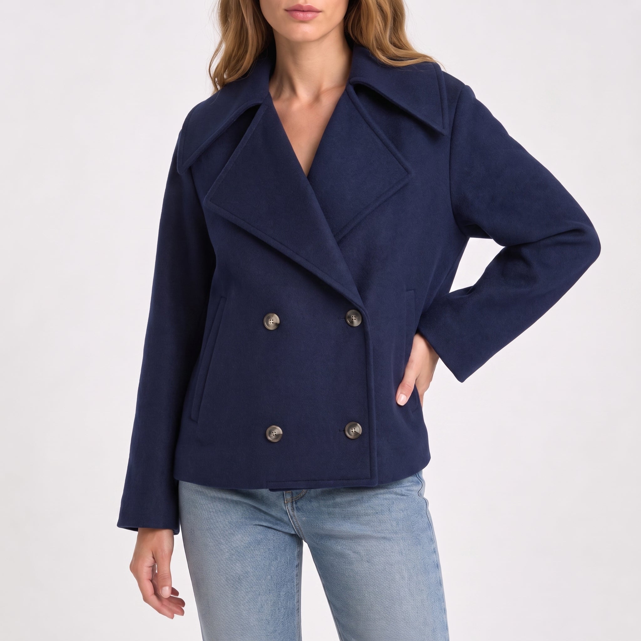 Charlotte - Women's Wide Lapel Cropped Double-Breasted Jacket - Pea Coats - Navy Blue - Taylor & Bennett