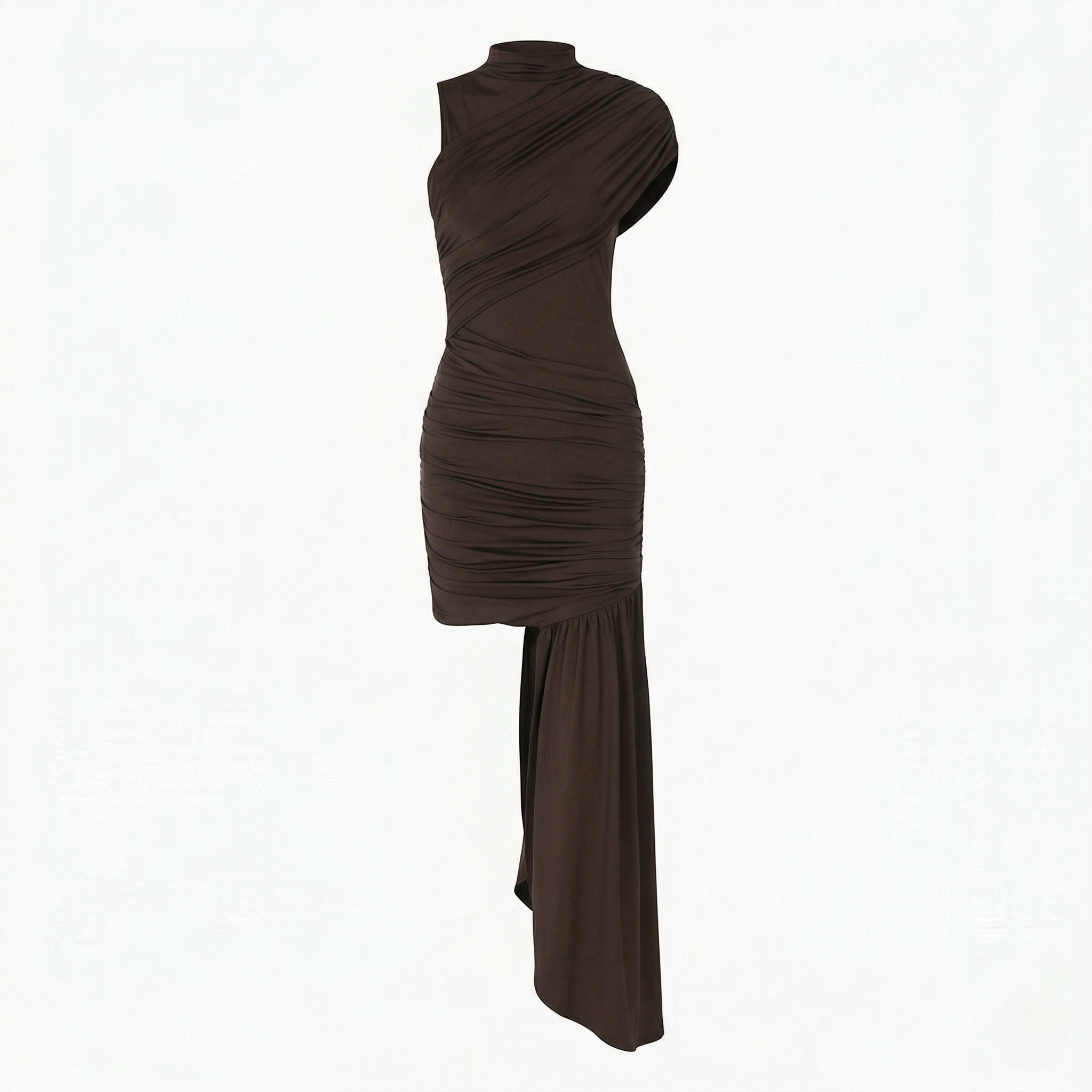 Chloe - Women’s Asymmetric Ruched Mini Dress - Mini Dress - Brown - Taylor & Bennett