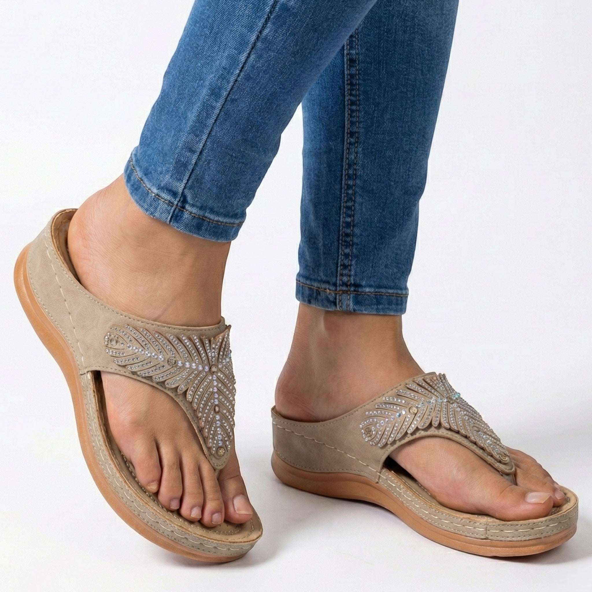 Chloe - Women's Beaded Wedge Sandals - Sandals - Beige - Taylor & Bennett