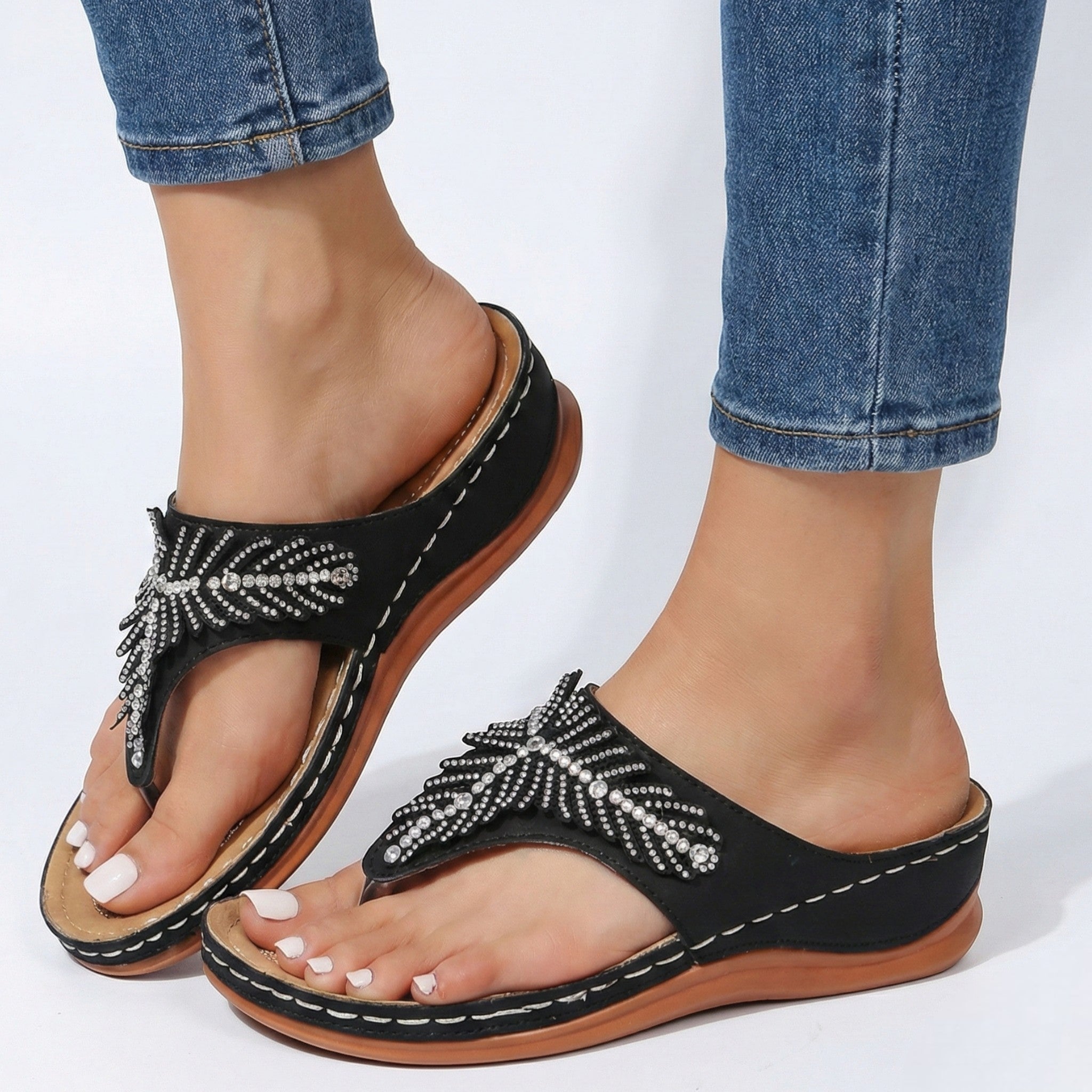 Chloe - Women's Beaded Wedge Sandals - Sandals - Black - Taylor & Bennett