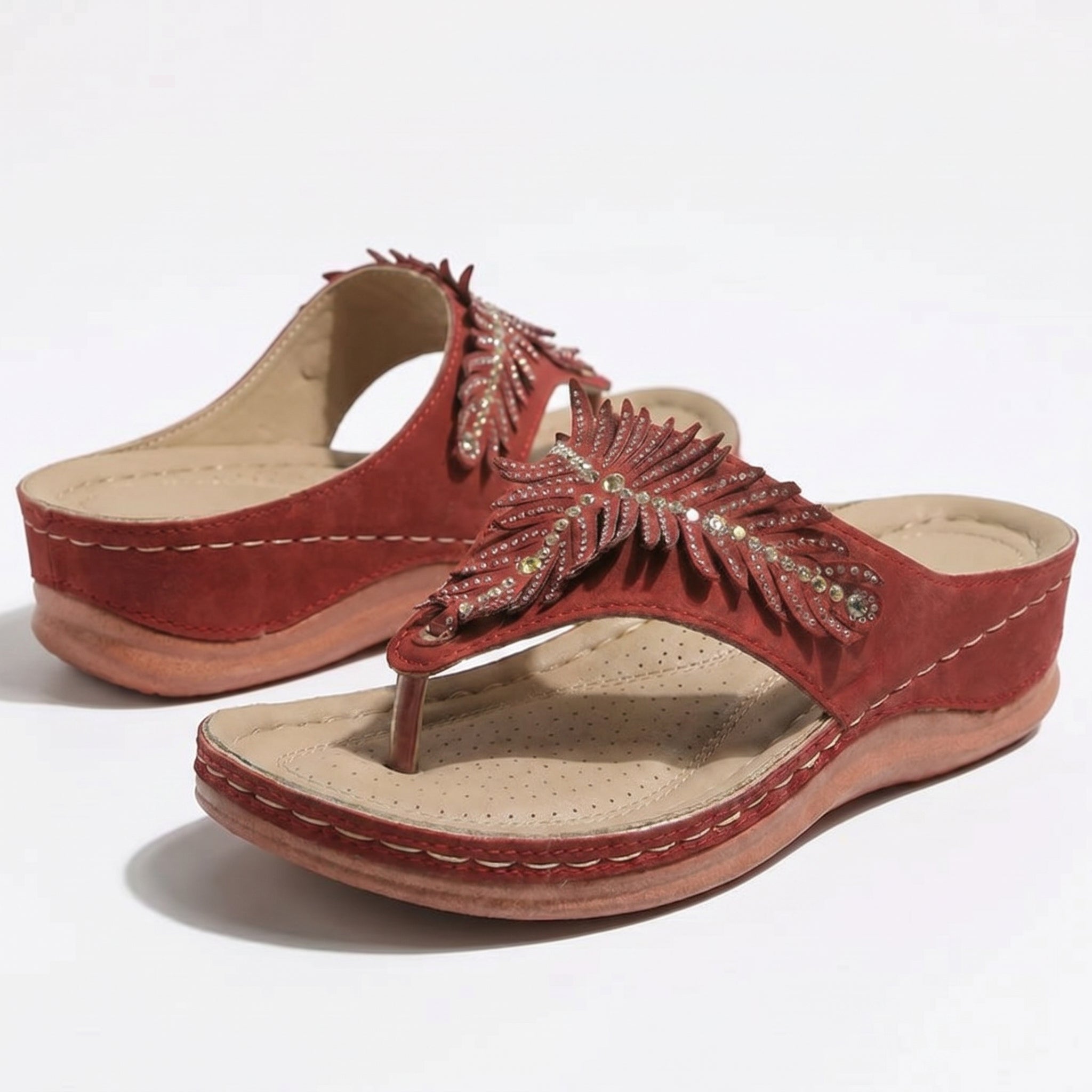 Chloe - Women's Beaded Wedge Sandals - Sandals - Red - Taylor & Bennett