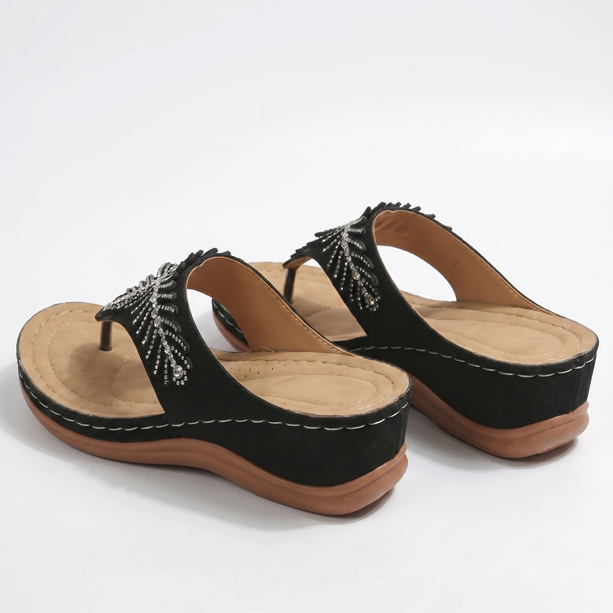 Chloe - Women's Beaded Wedge Sandals - Sandals - Black - Taylor & Bennett