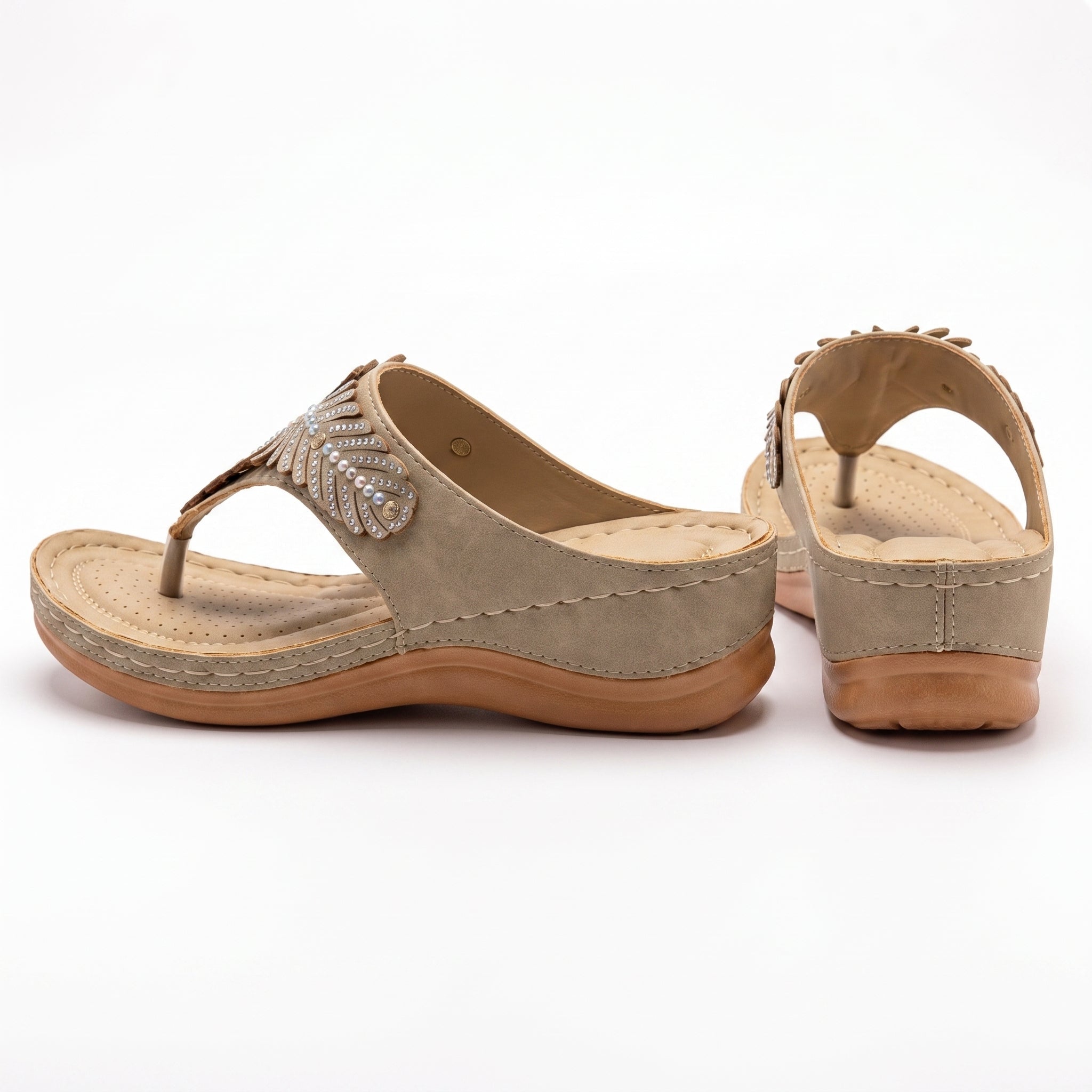Chloe - Women's Beaded Wedge Sandals - Sandals - Beige - Taylor & Bennett