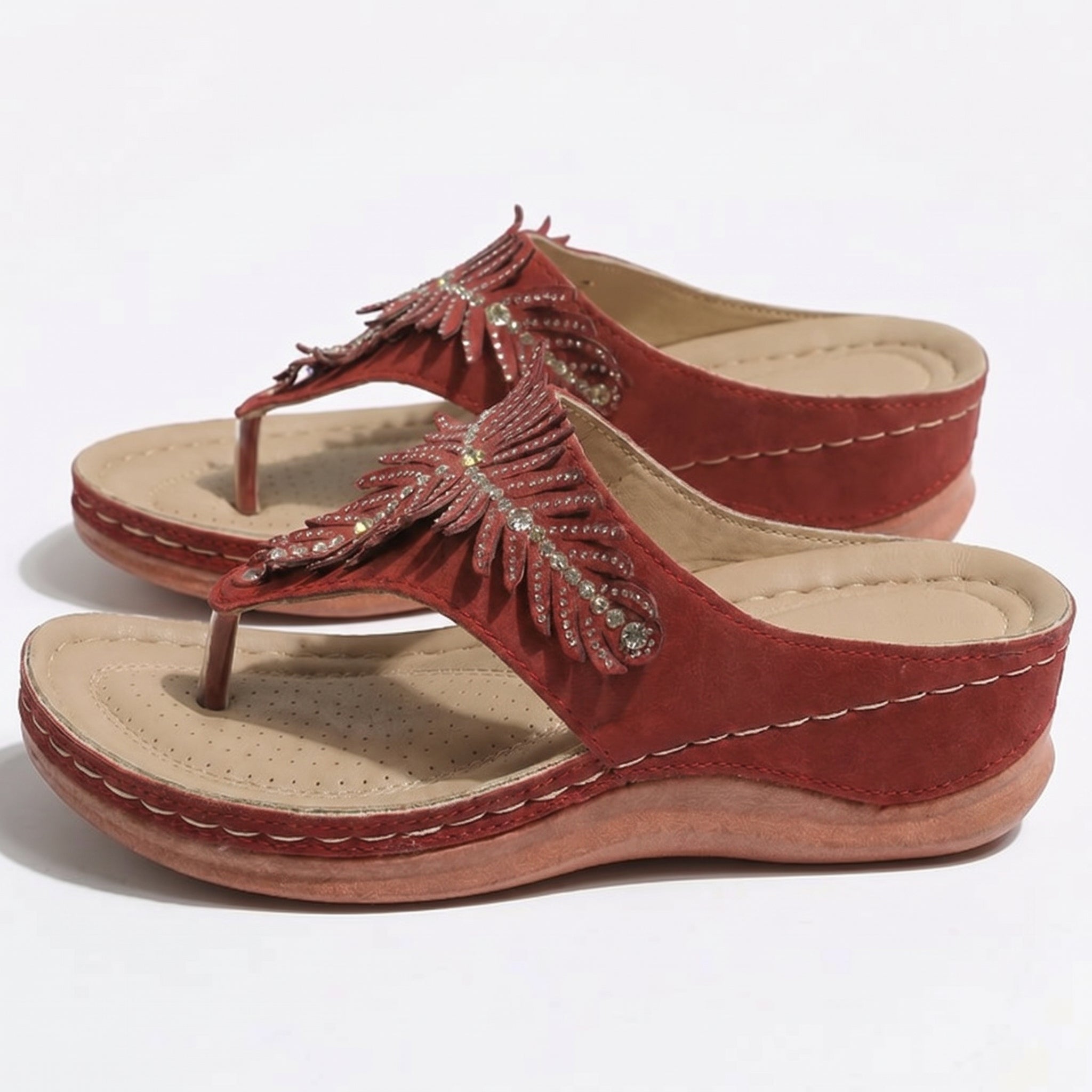 Chloe - Women's Beaded Wedge Sandals - Sandals - Red - Taylor & Bennett