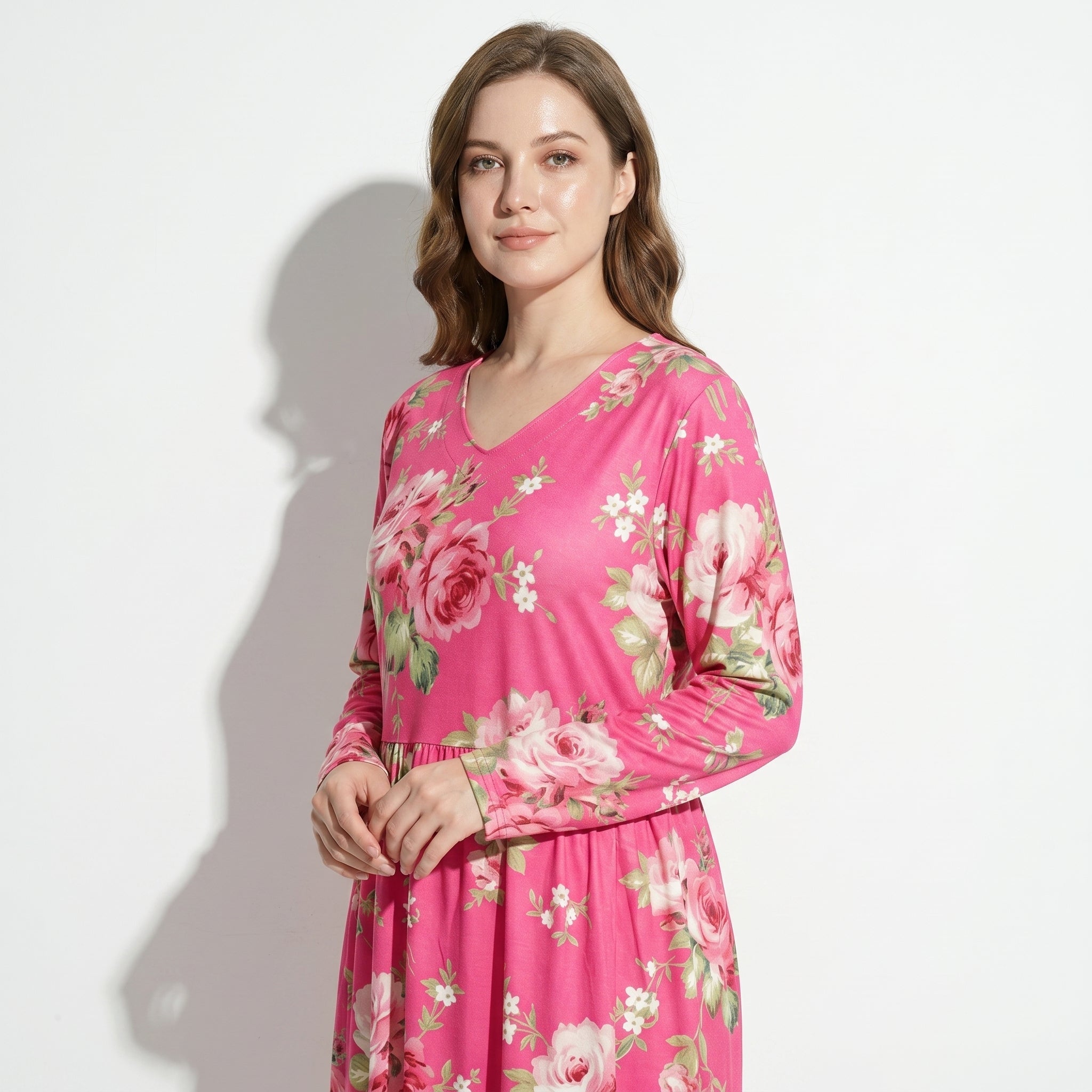 Chloe - Women's V - Neck Printed Maxi Dress - Dress - Dark Pink - Taylor & Bennett