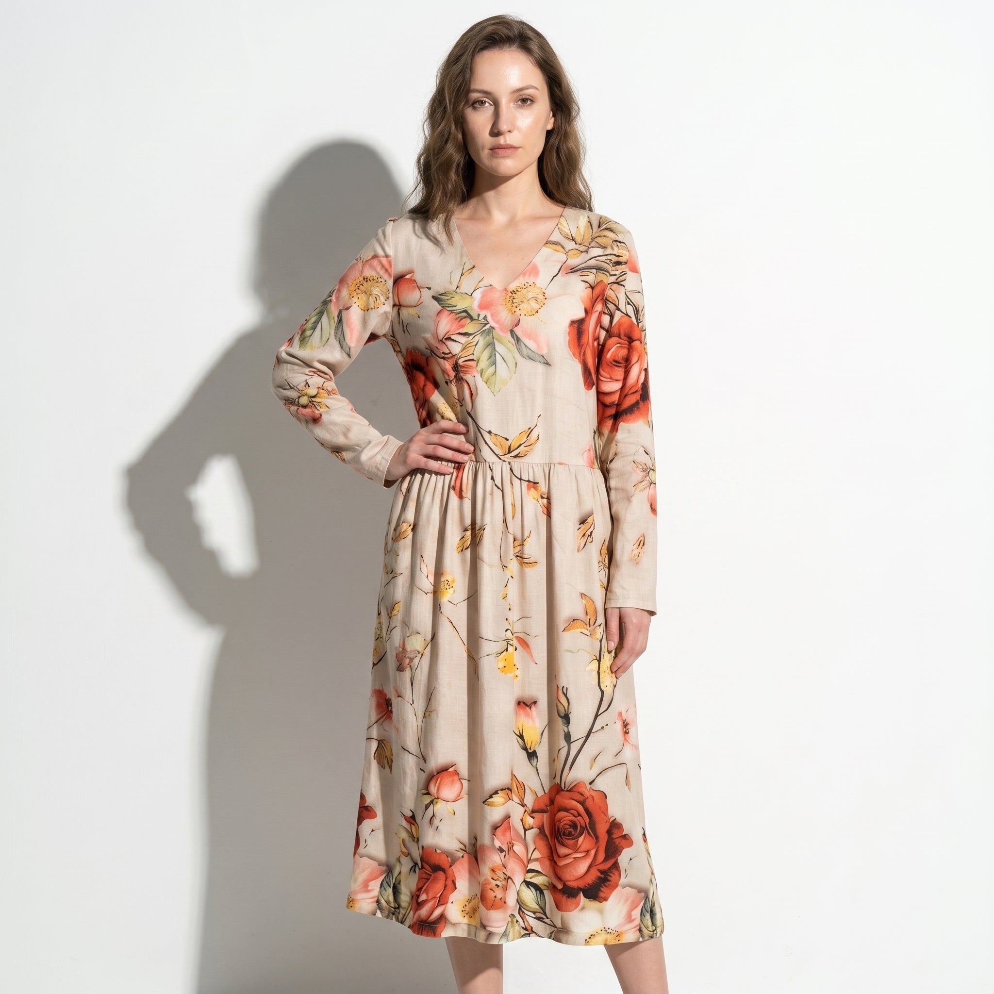 Chloe - Women's V - Neck Printed Maxi Dress - Dress - Beige - Taylor & Bennett