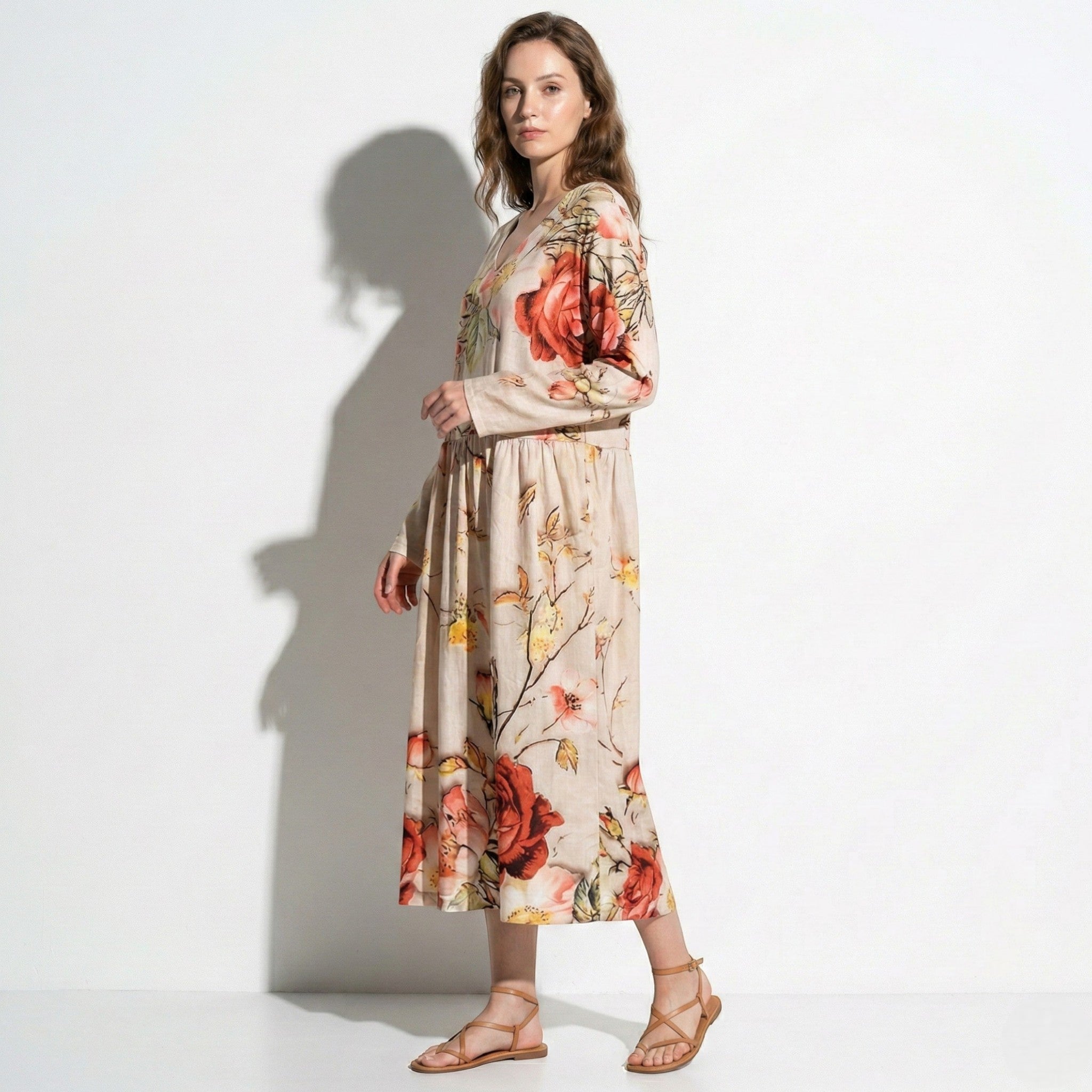 Chloe - Women's V - Neck Printed Maxi Dress - Dress - Beige - Taylor & Bennett
