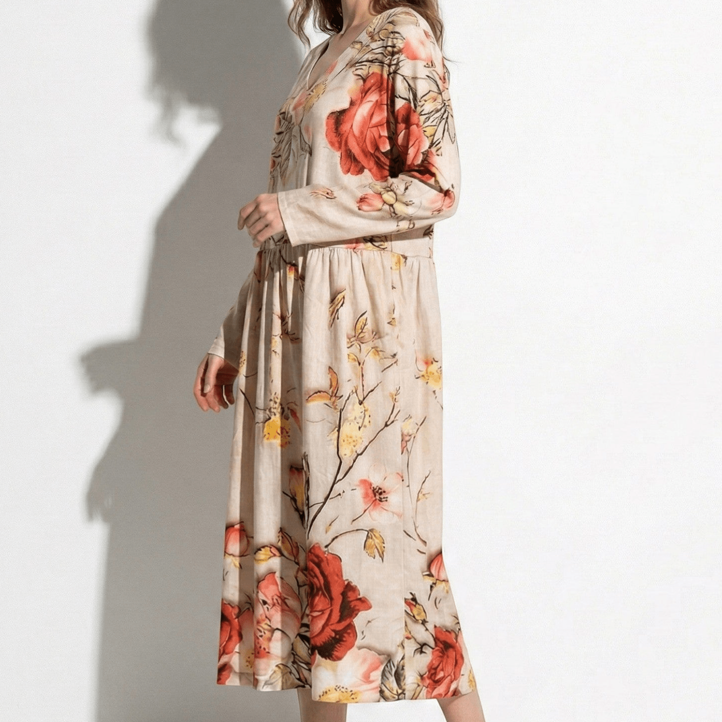 Chloe - Women's V - Neck Printed Maxi Dress - Dress - Beige - Taylor & Bennett