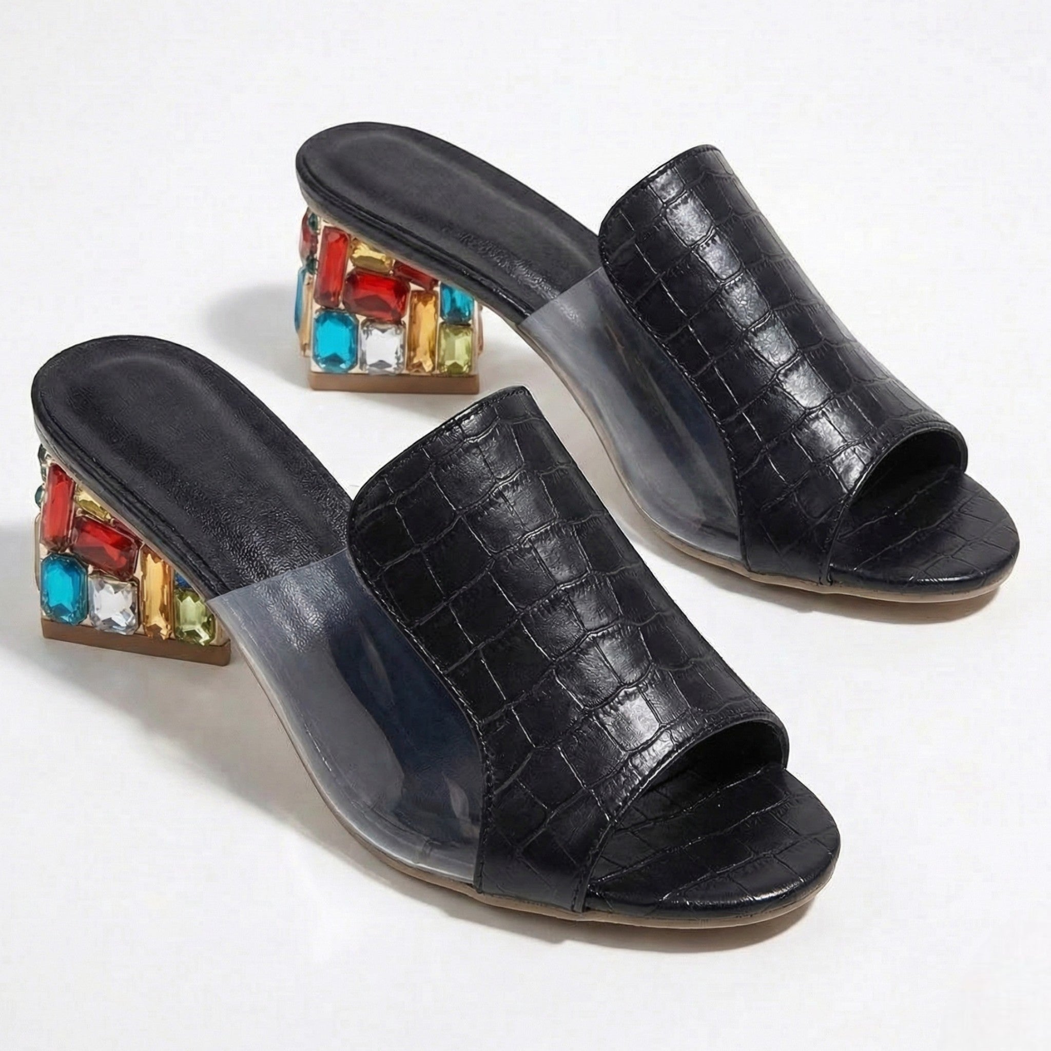 Clara - Women's Block Heel Mules with Multi - Coloured Mosaic Detail - Sandals - Black - Taylor & Bennett