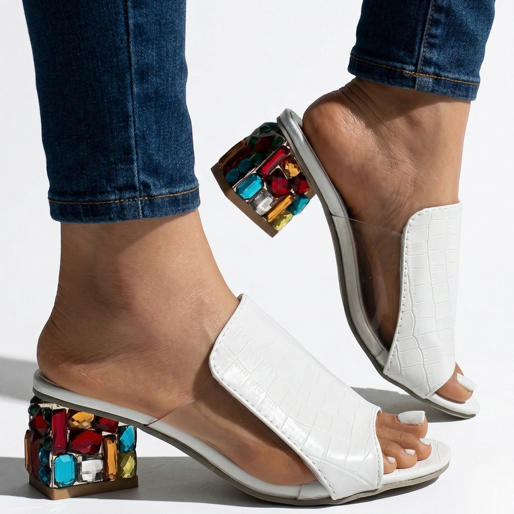 Clara - Women's Block Heel Mules with Multi - Coloured Mosaic Detail - Sandals - White - Taylor & Bennett
