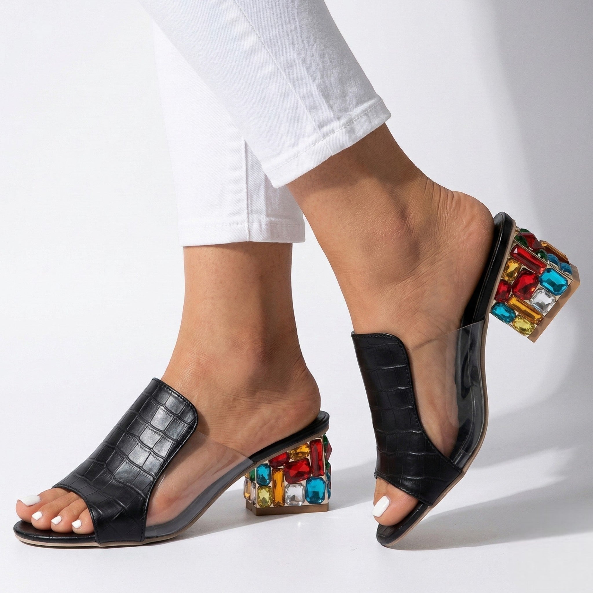 Clara - Women's Block Heel Mules with Multi - Coloured Mosaic Detail - Sandals - Black - Taylor & Bennett