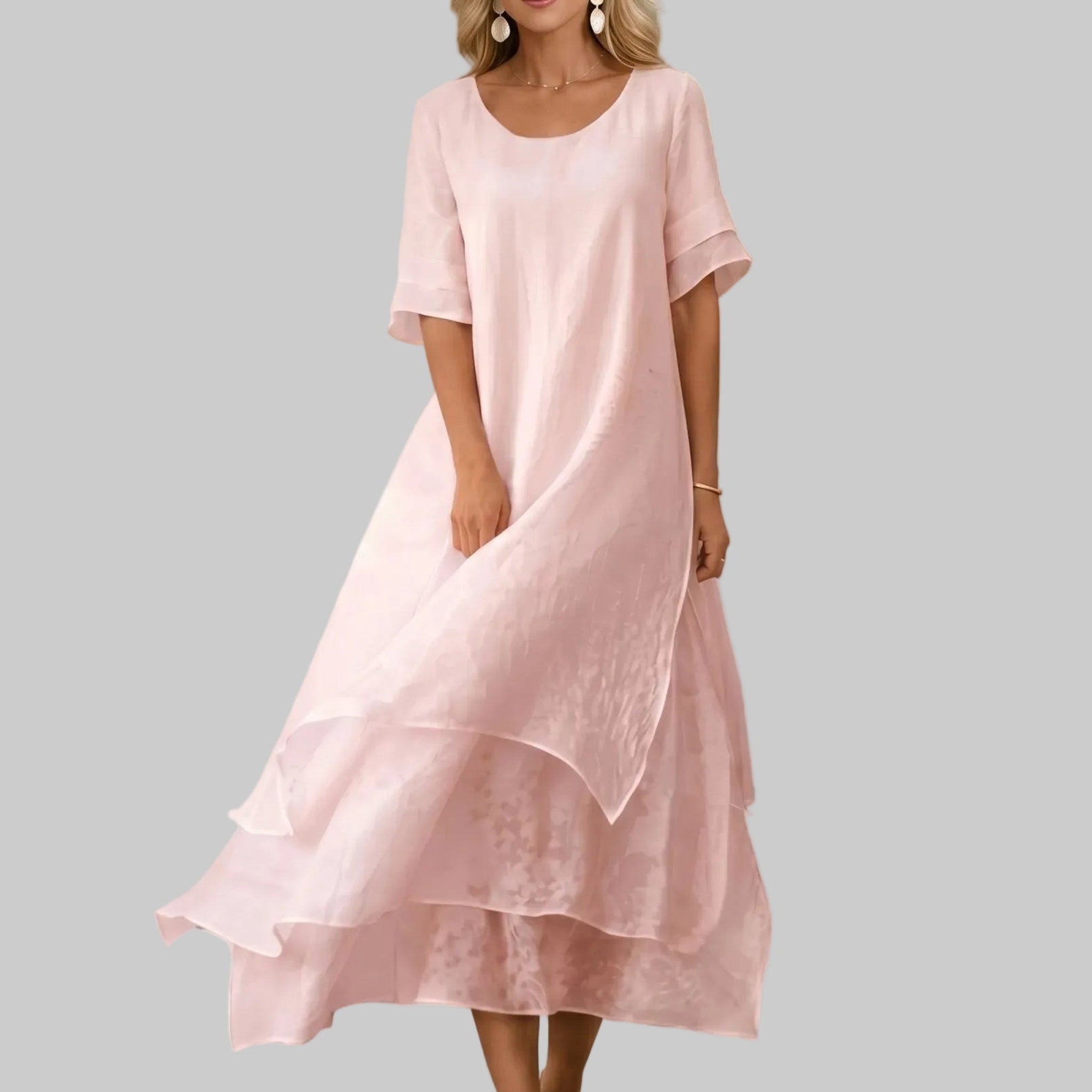 Clara - Women's Casual Layered Scoop Neck Midi Dress - Midi Dress - Pink - Taylor & Bennett
