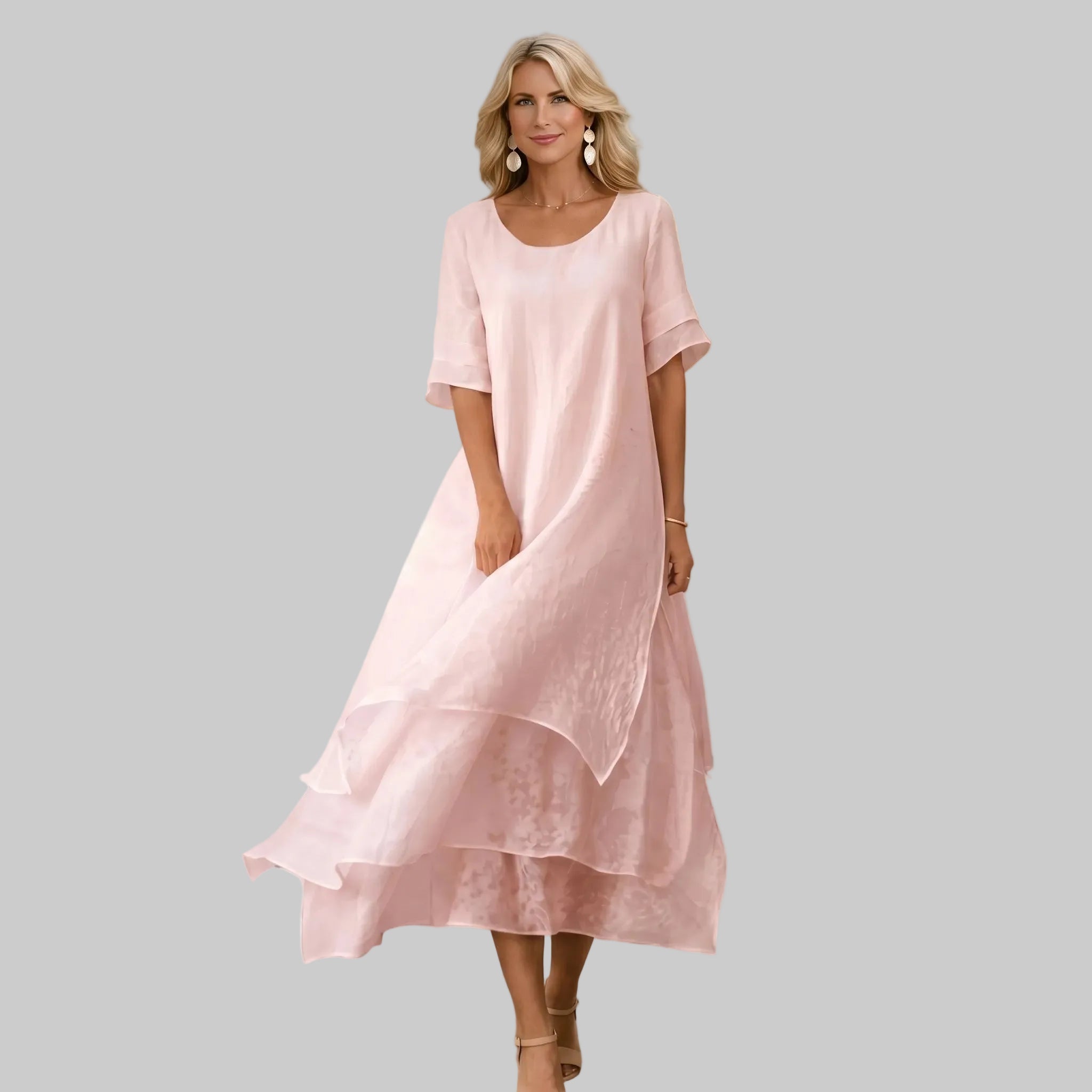 Clara - Women's Casual Layered Scoop Neck Midi Dress - Midi Dress - Pink - Taylor & Bennett