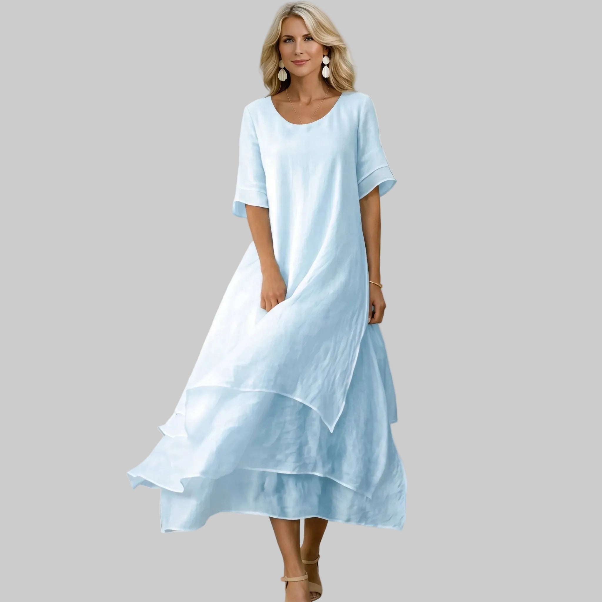 Clara - Women's Casual Layered Scoop Neck Midi Dress - Midi Dress - Blue - Taylor & Bennett