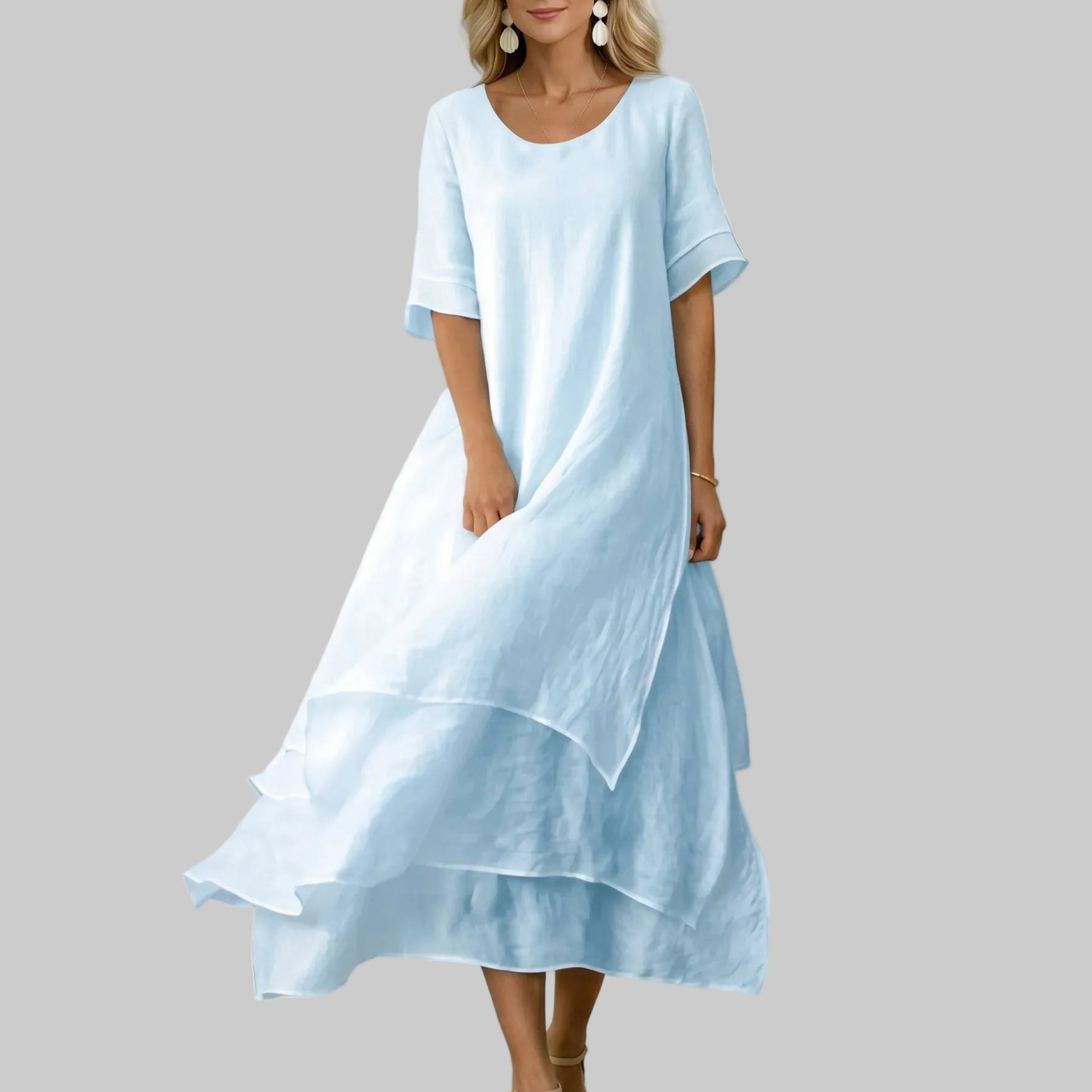 Clara - Women's Casual Layered Scoop Neck Midi Dress - Midi Dress - Blue - Taylor & Bennett