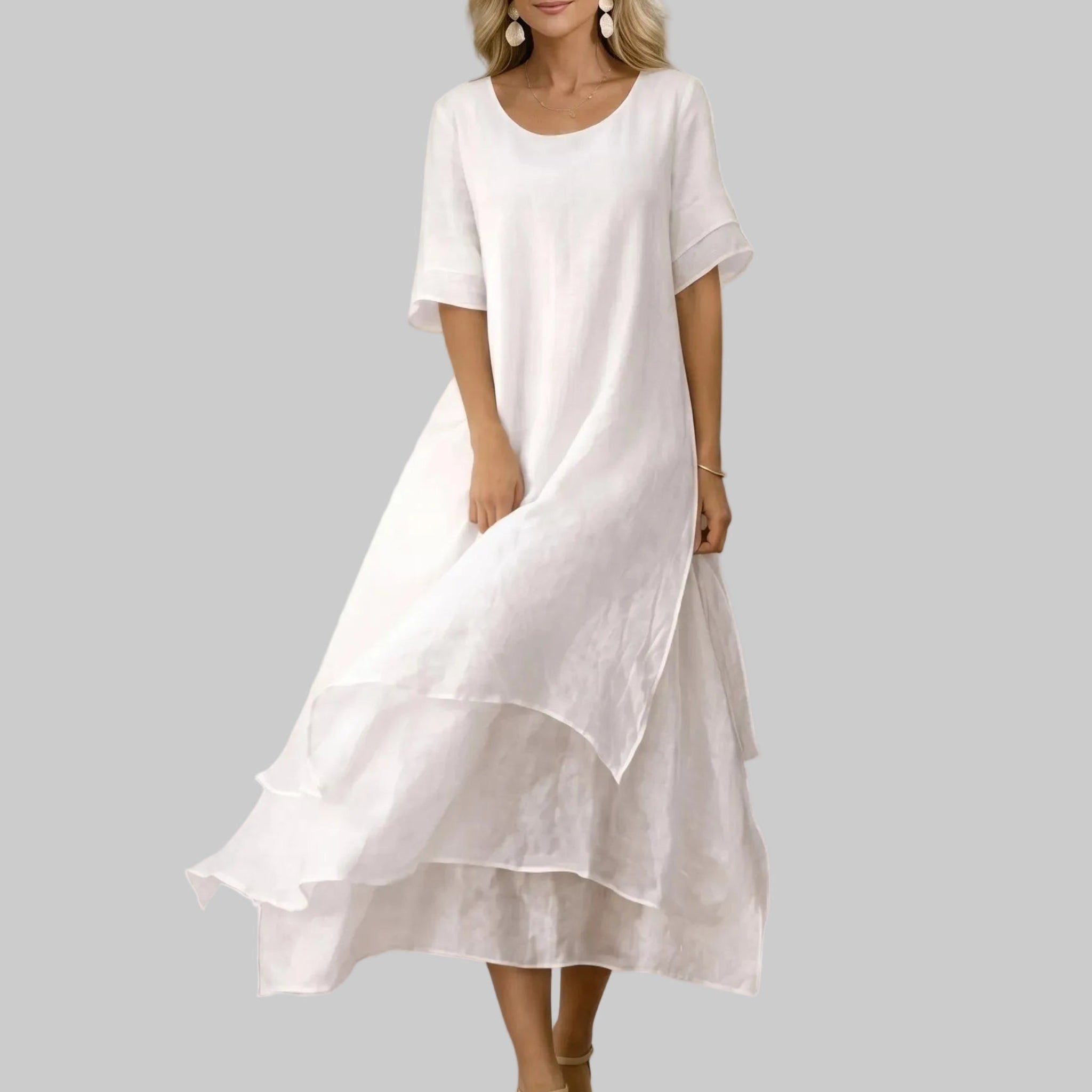 Clara - Women's Casual Layered Scoop Neck Midi Dress - Midi Dress - White - Taylor & Bennett