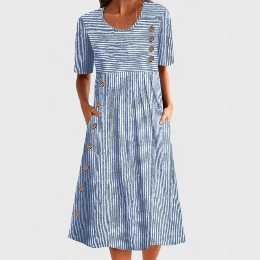 Clara - Women's Casual Striped Button Detail Midi Dress - Midi Dresses - Blue - Taylor & Bennett
