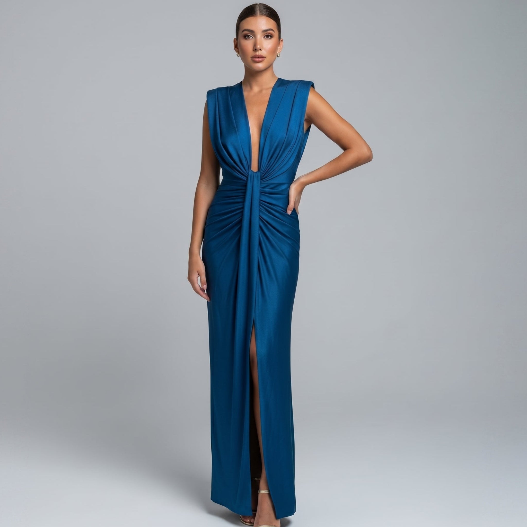 Clara - Women's Elegant Ruched Front Wedding Guest Maxi Dress - Dresses - Blue - Taylor & Bennett