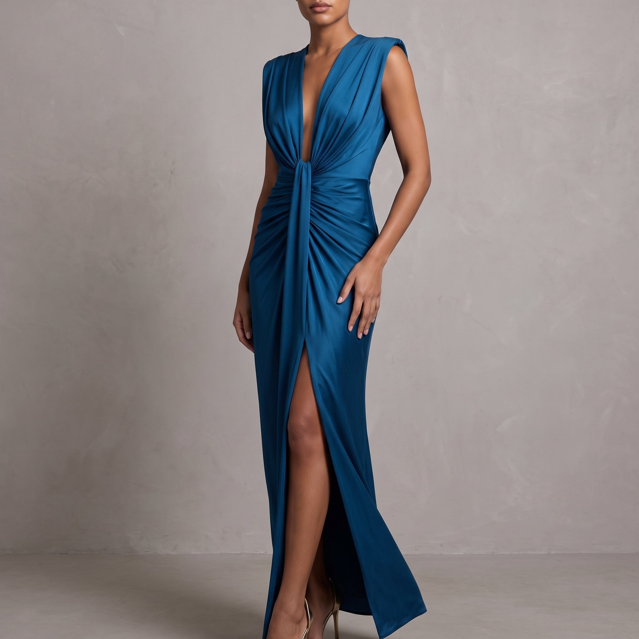 Clara - Women's Elegant Ruched Front Wedding Guest Maxi Dress - Dresses - Blue - Taylor & Bennett
