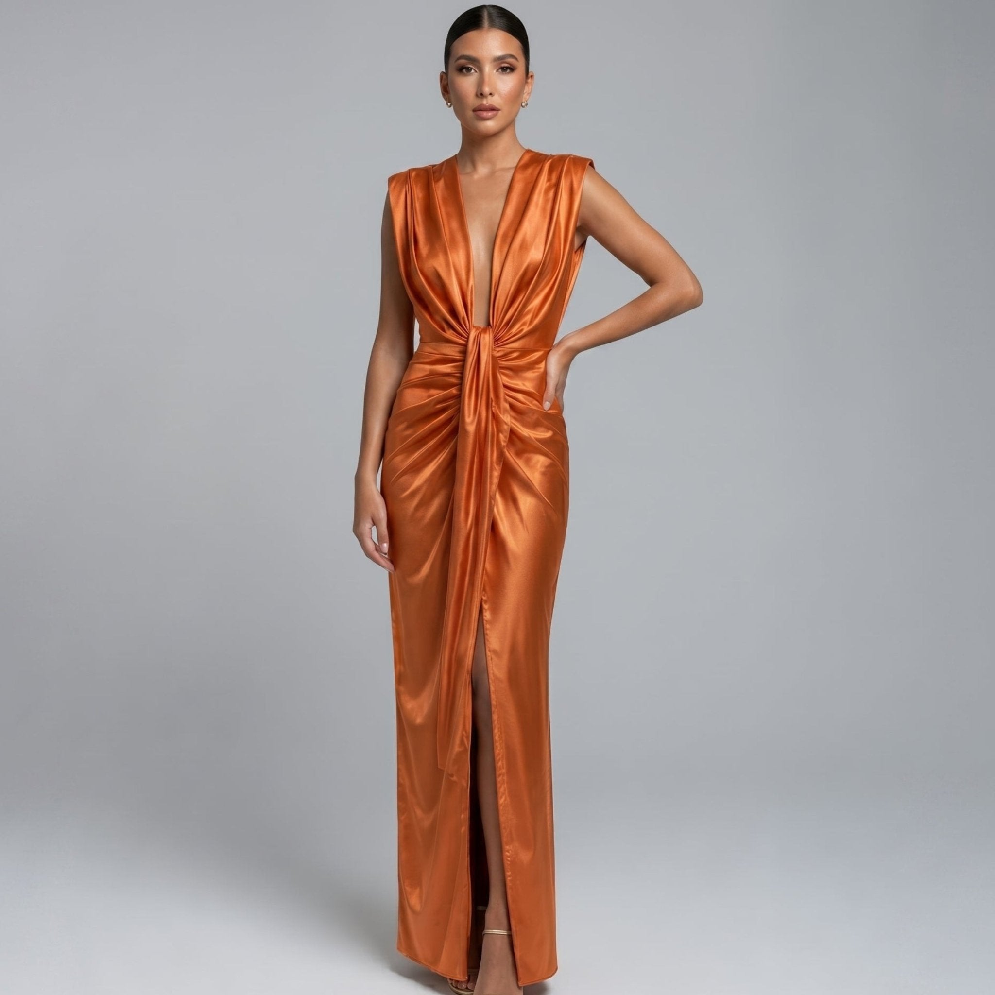 Clara - Women's Elegant Ruched Front Wedding Guest Maxi Dress - Dresses - Orange - Taylor & Bennett