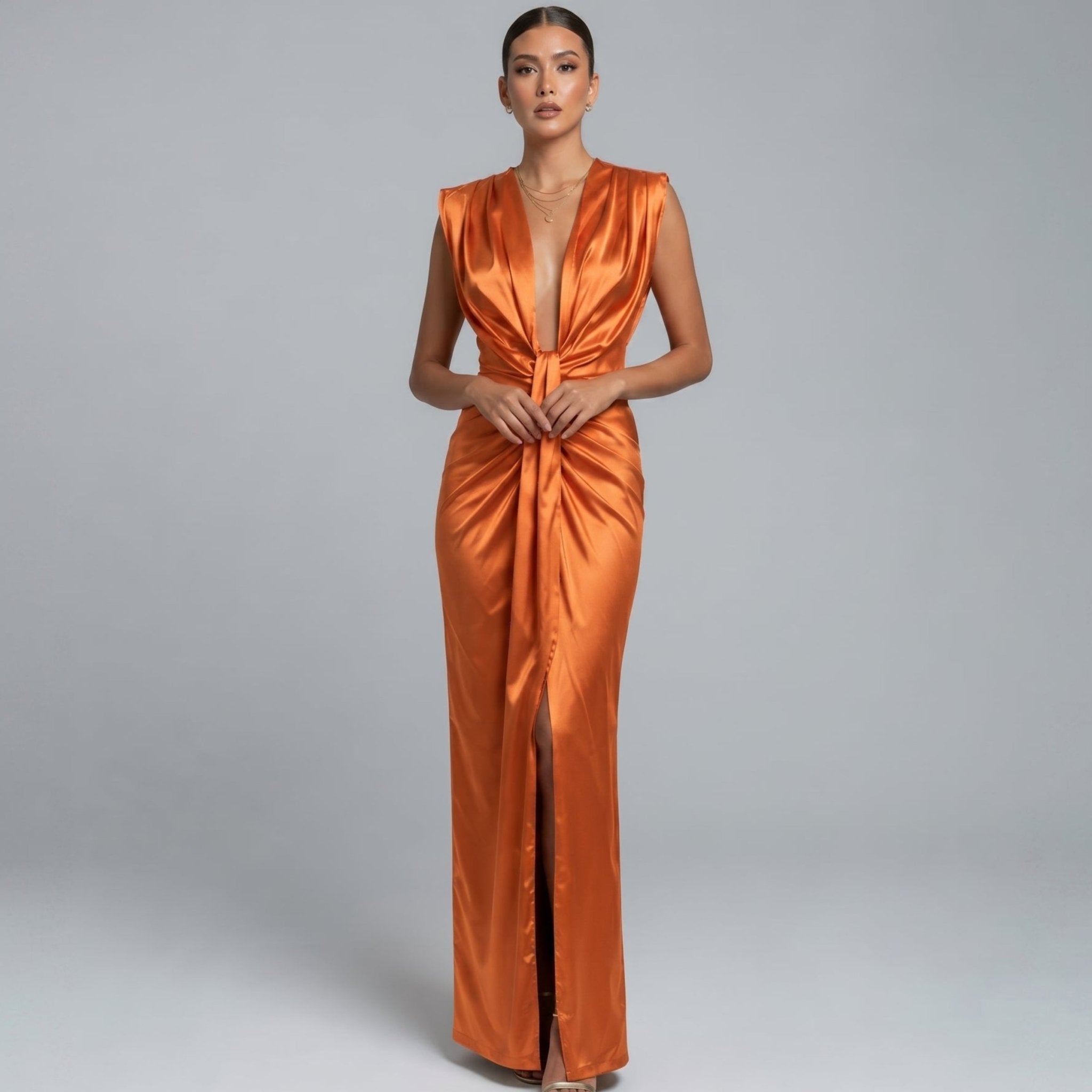 Clara - Women's Elegant Ruched Front Wedding Guest Maxi Dress - Dresses - Orange - Taylor & Bennett