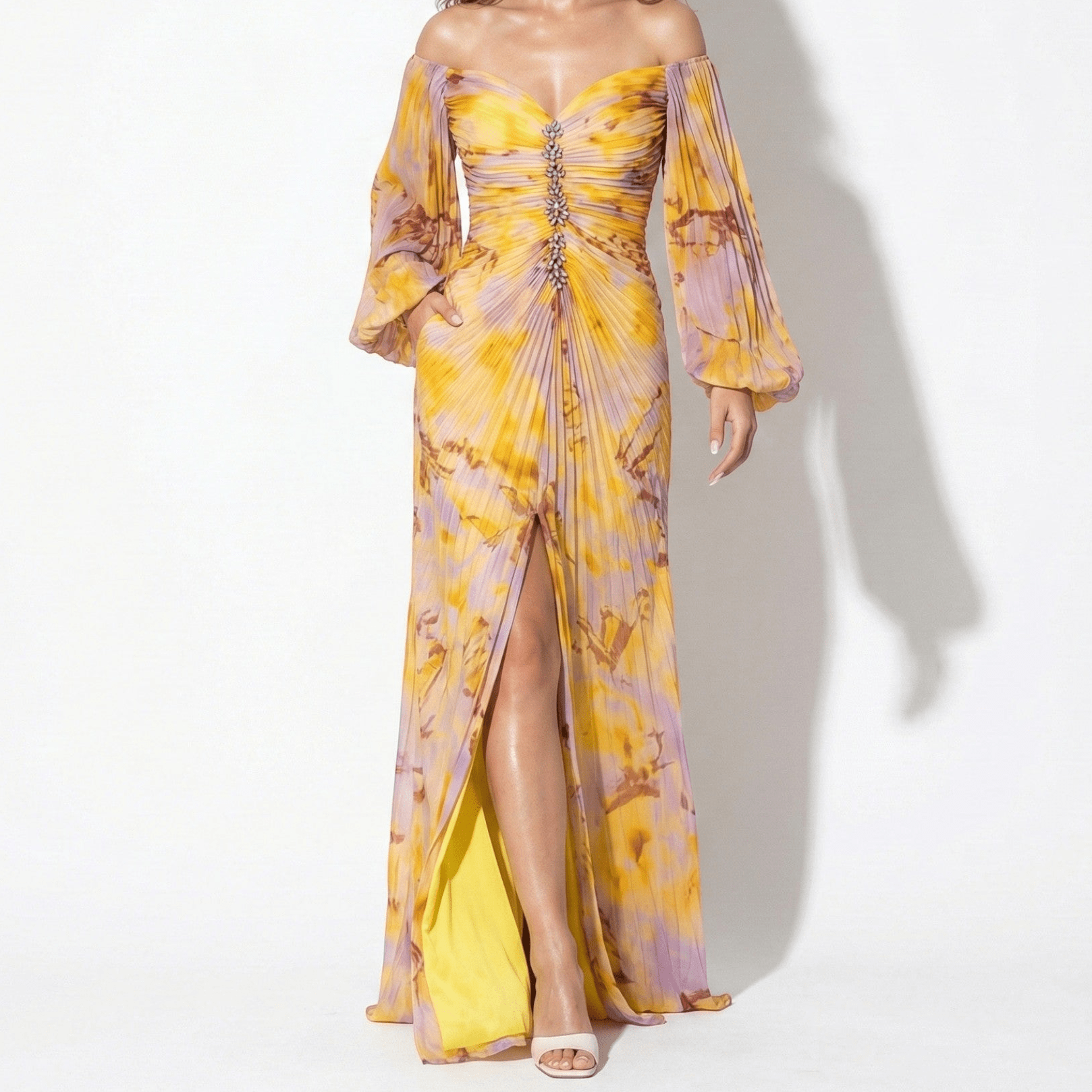 Clara - Women's Maxi Dress with Off Shoulder Pleats - Dresses - Yellow - Taylor & Bennett
