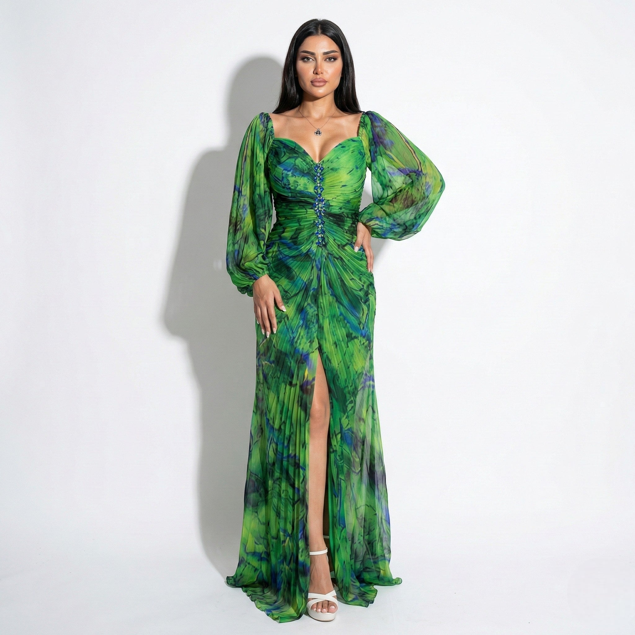 Clara - Women's Maxi Dress with Off Shoulder Pleats - Dresses - Green - Taylor & Bennett