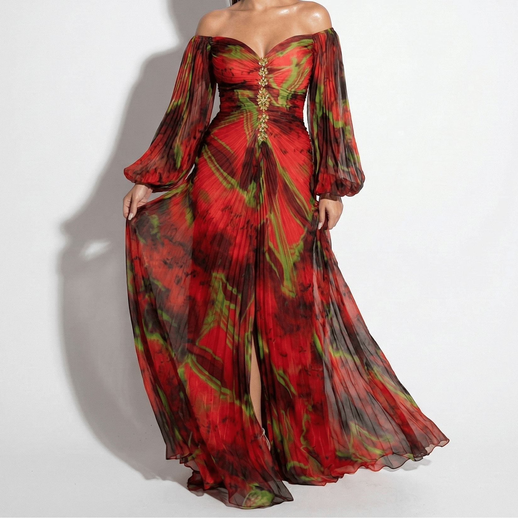 Clara - Women's Maxi Dress with Off Shoulder Pleats - Dresses - Red - Taylor & Bennett