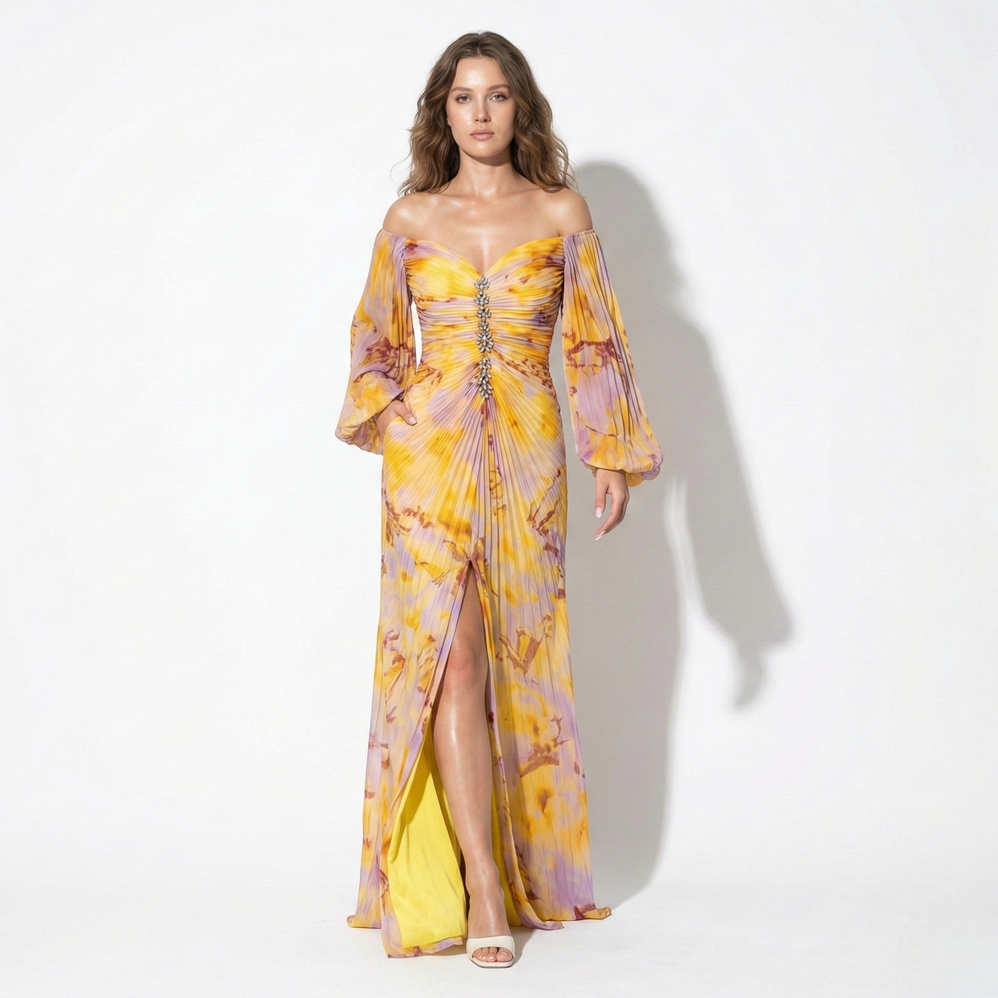 Clara - Women's Maxi Dress with Off Shoulder Pleats - Dresses - Yellow - Taylor & Bennett