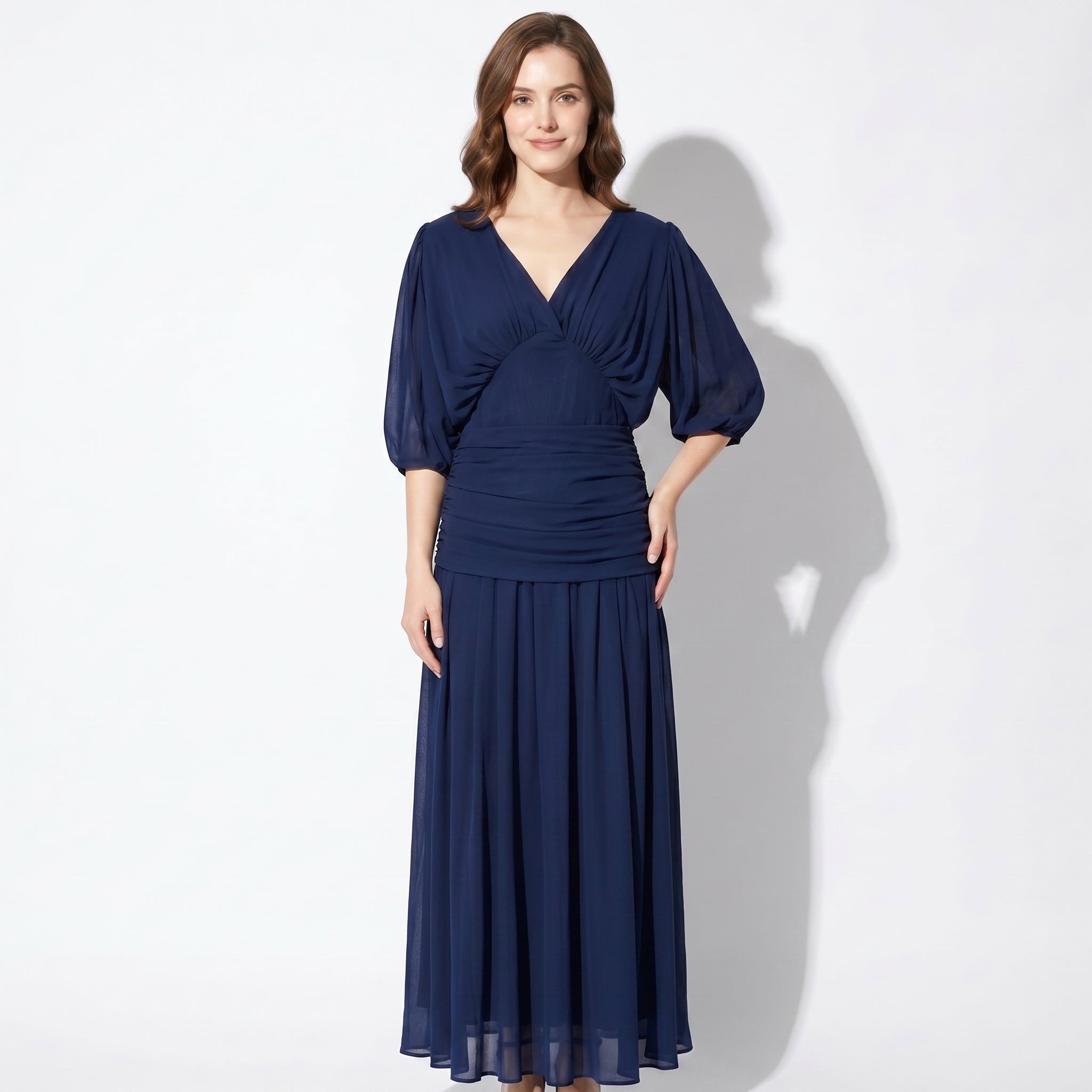 Clara - Women's Off - Shoulder Ruched Evening Maxi Dress - Maxi Dress - Blue - Taylor & Bennett