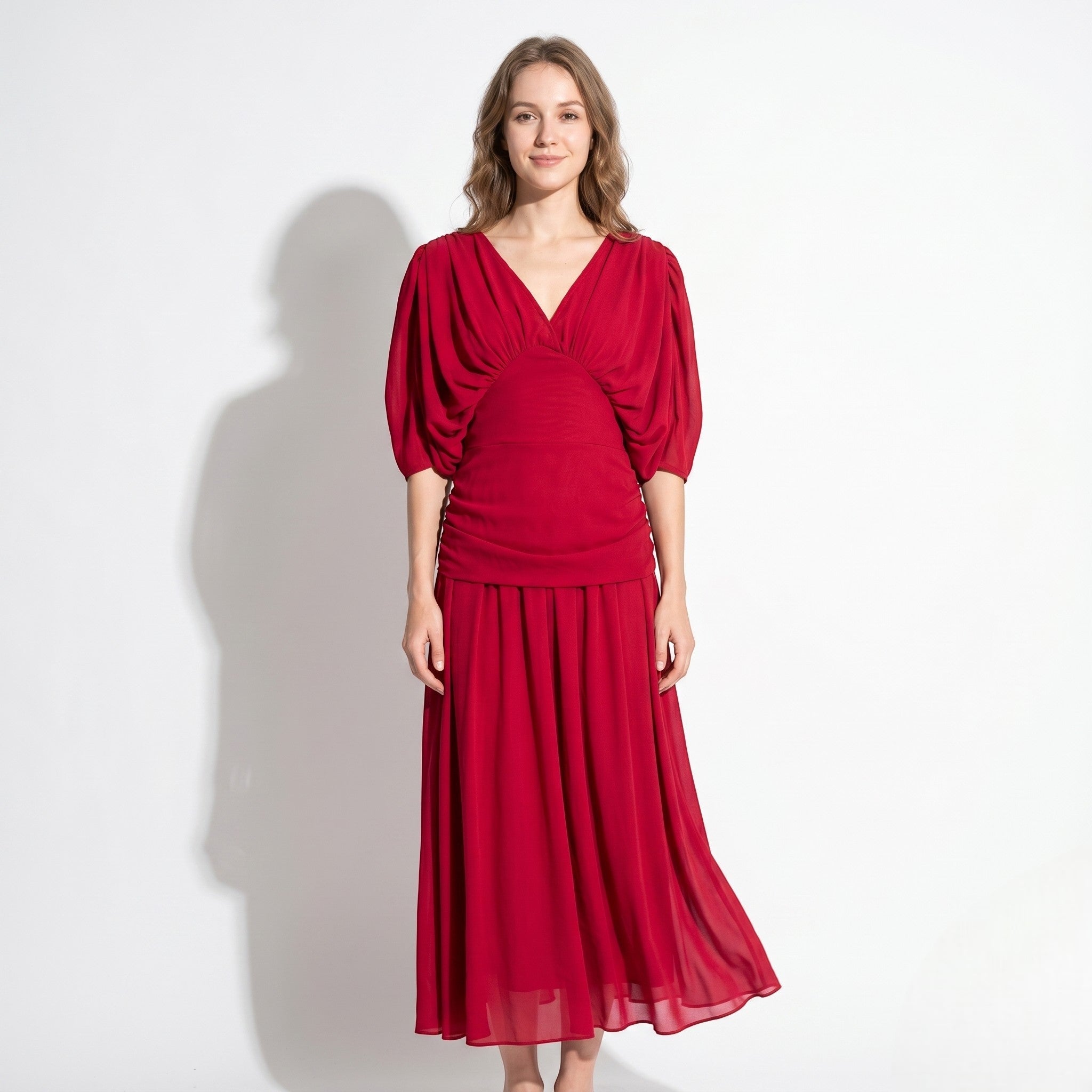Clara - Women's Off - Shoulder Ruched Evening Maxi Dress - Maxi Dress - Red - Taylor & Bennett