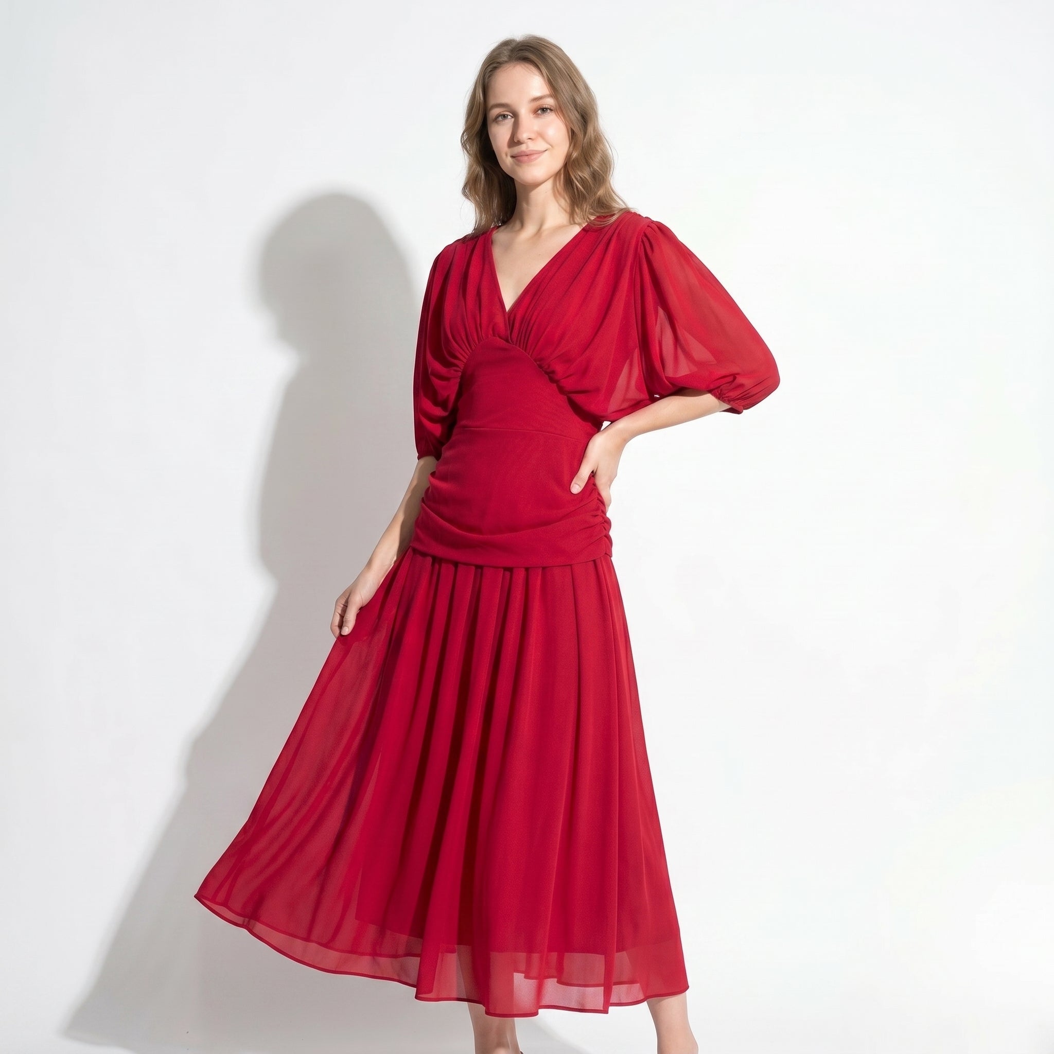 Clara - Women's Off - Shoulder Ruched Evening Maxi Dress - Maxi Dress - Red - Taylor & Bennett