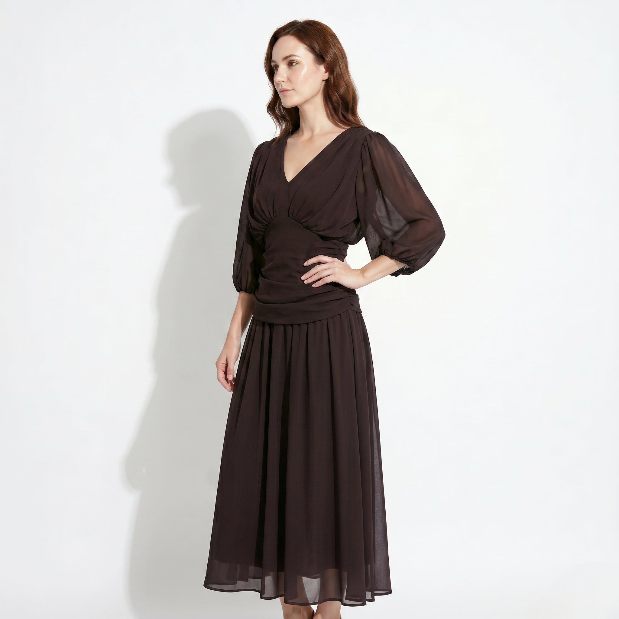 Clara - Women's Off - Shoulder Ruched Evening Maxi Dress - Maxi Dress - Brown - Taylor & Bennett