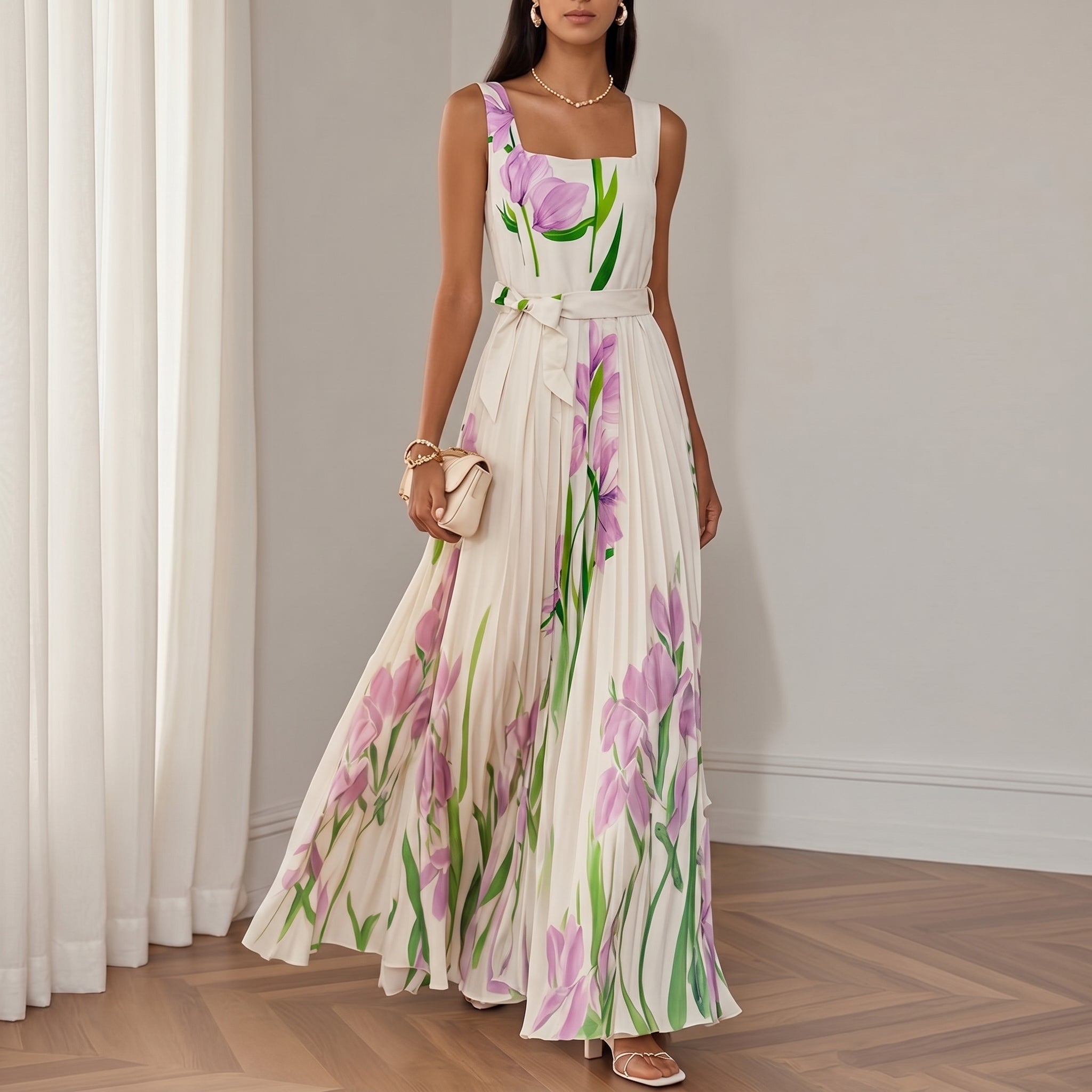 Clara - Women's Party Floral Pleated Maxi Dress - Maxi Dress - Purple - Taylor & Bennett