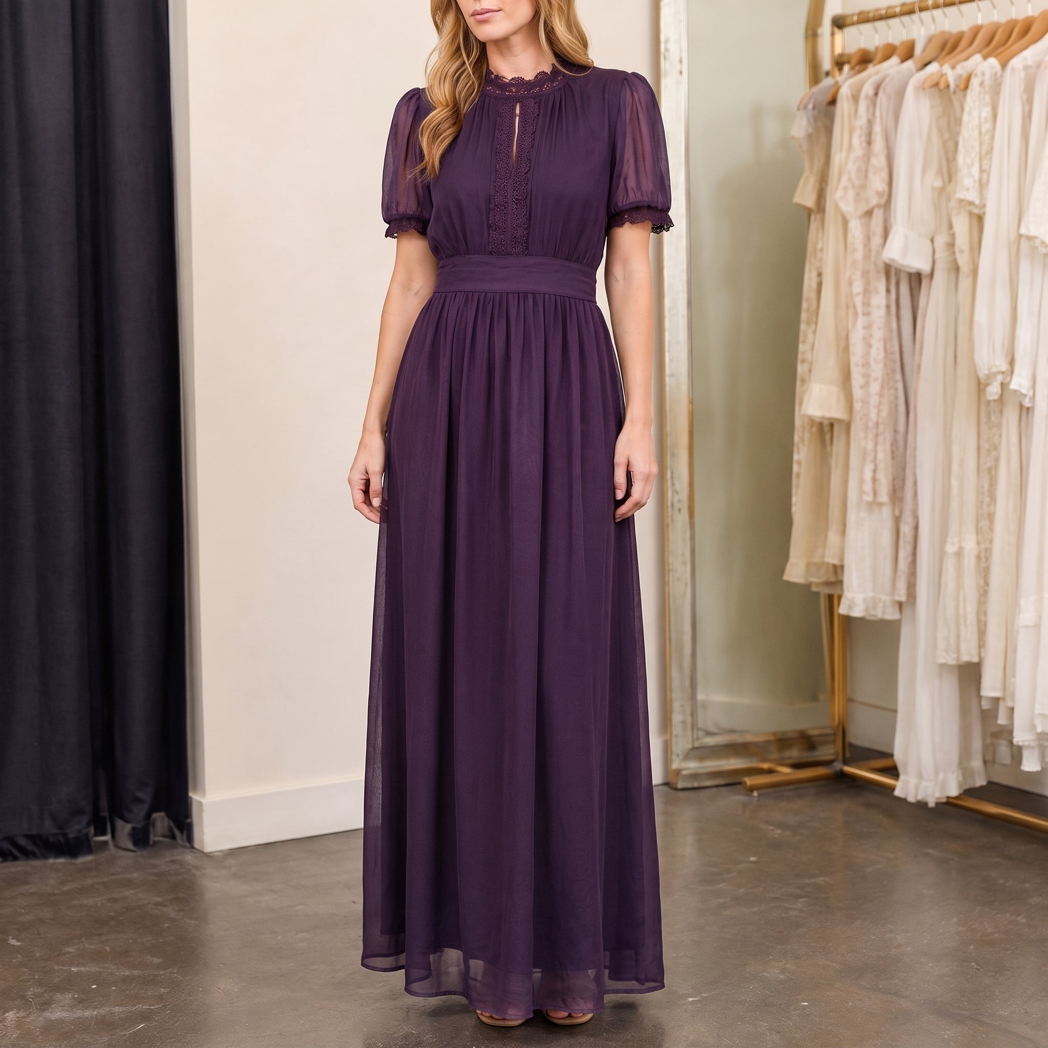 Clara – Women's Summer Lace Trim Puff Sleeve Maxi Dress - Dresses - Violet - Taylor & Bennett