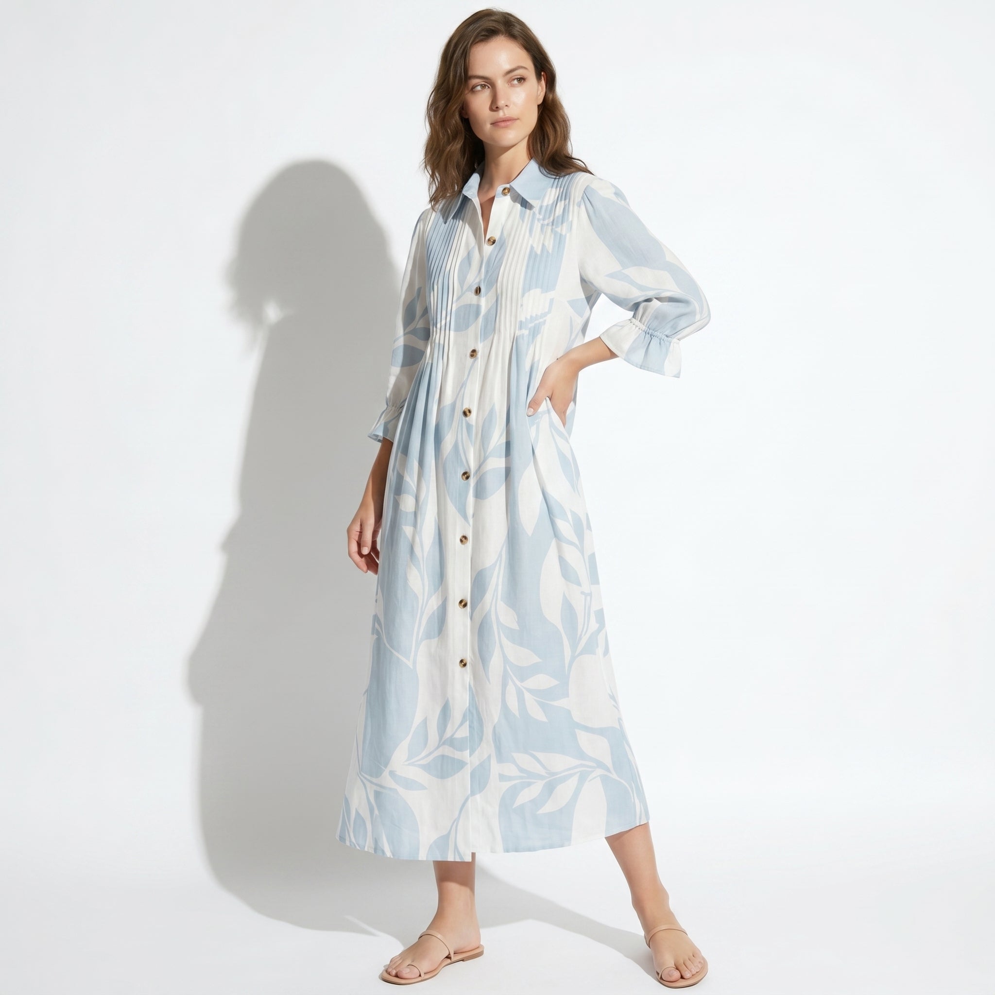 Clara - Women's Summer Pleated Button - Up Maxi Dress - Dress - Blue - Taylor & Bennett