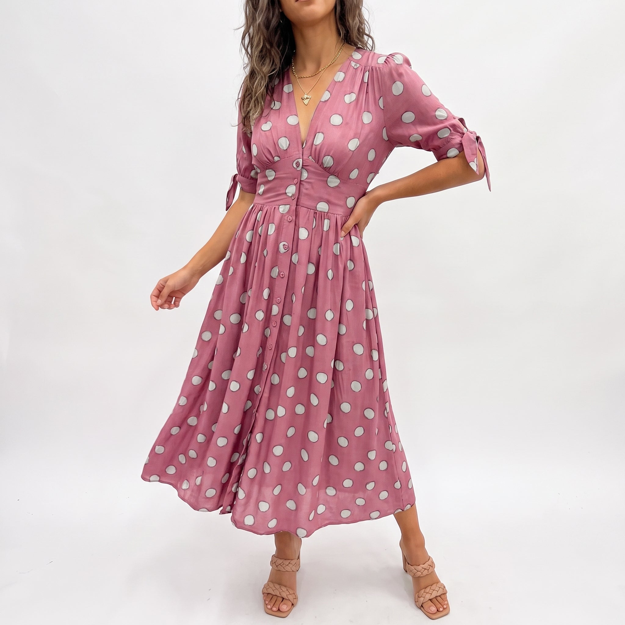 Clara - Women's Summer Polka Dot Button-Front Midi Dress - Dresses - Pink - Taylor & Bennett
