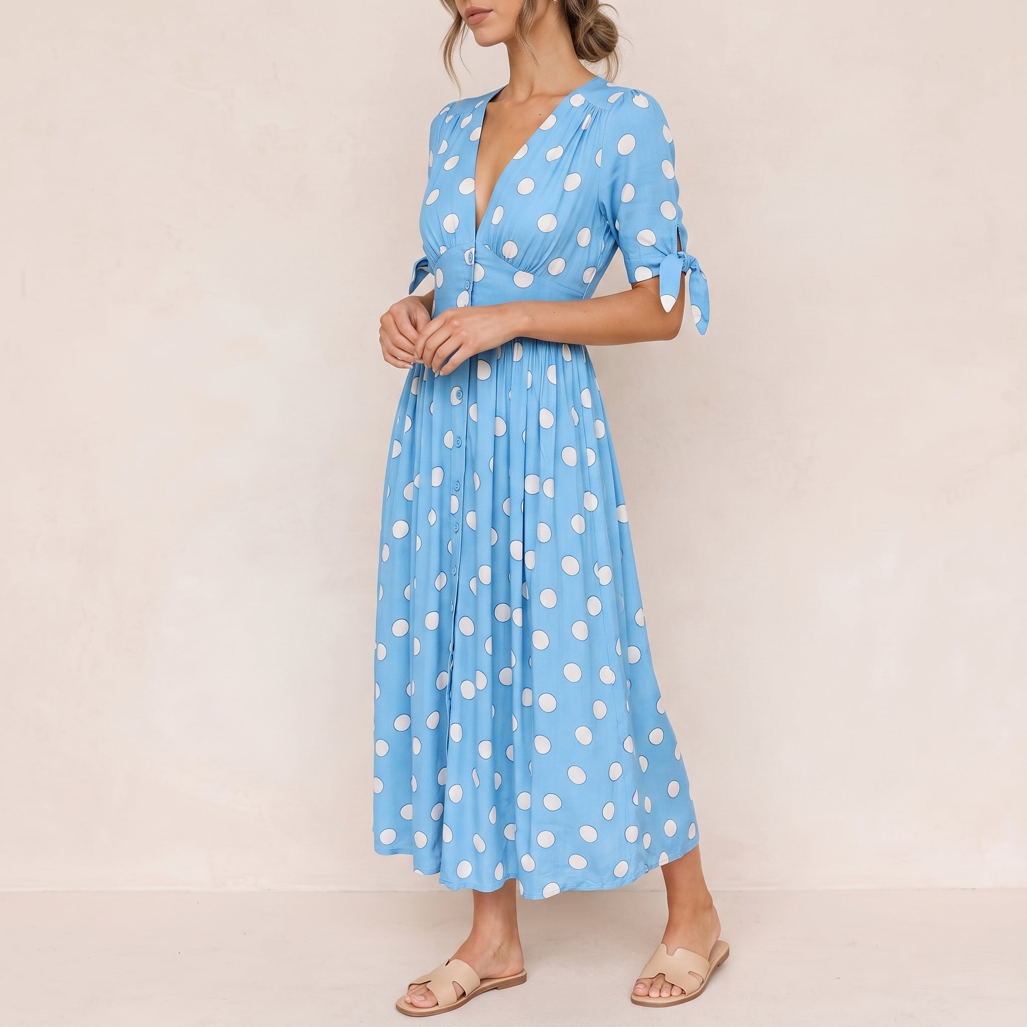 Clara - Women's Summer Polka Dot Button-Front Midi Dress - Dresses - Green - Taylor & Bennett