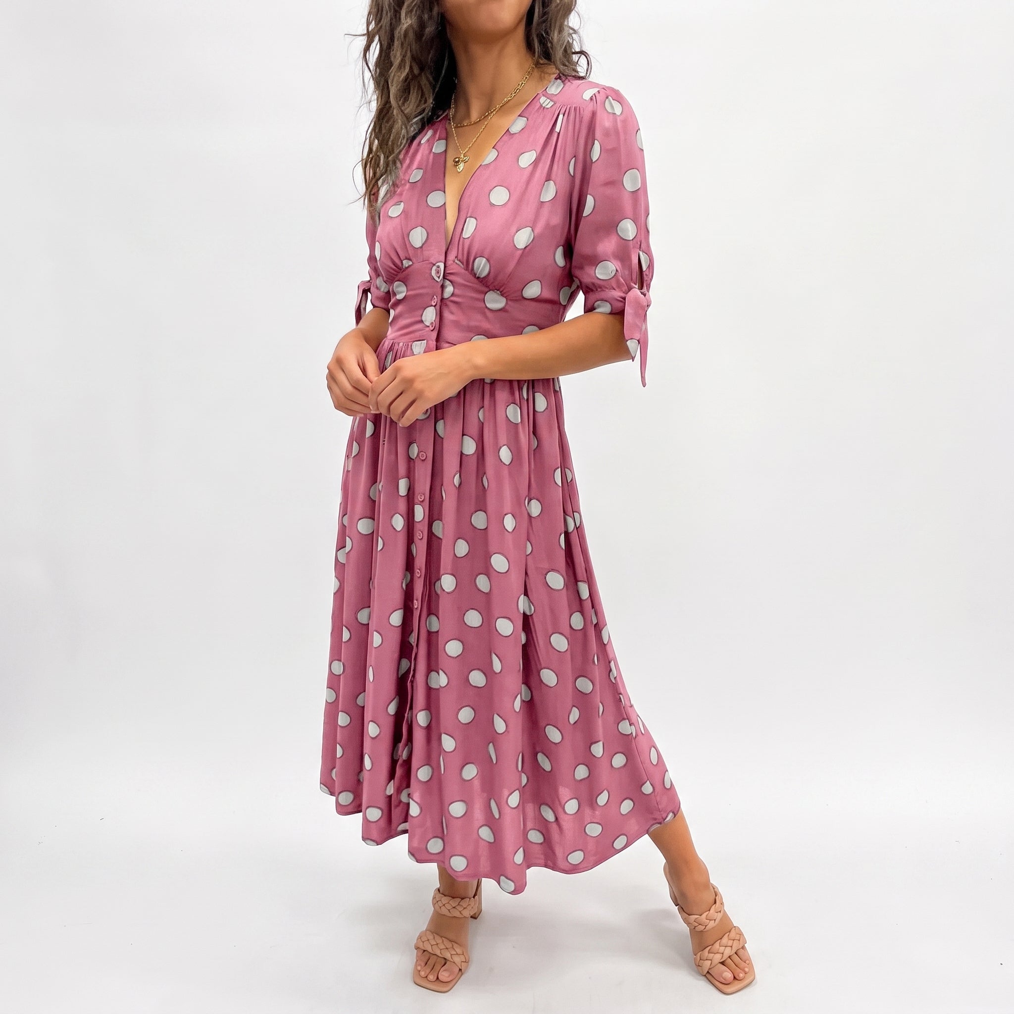Clara - Women's Summer Polka Dot Button-Front Midi Dress - Dresses - Blue - Taylor & Bennett
