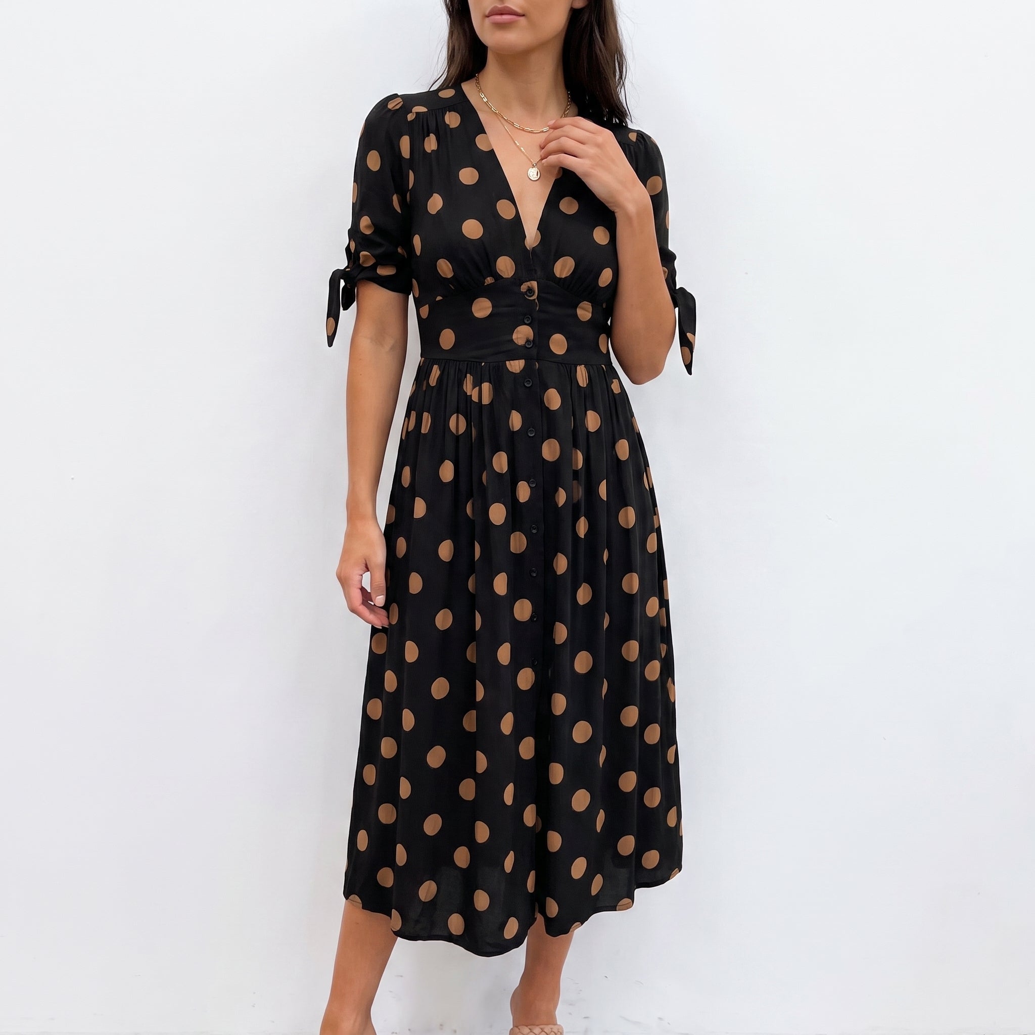 Clara - Women's Summer Polka Dot Button-Front Midi Dress - Dresses - Black - Taylor & Bennett
