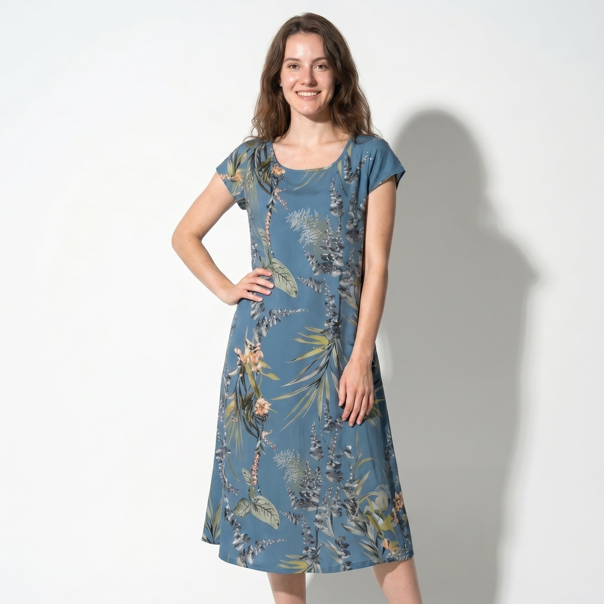 Clara - Women's Summer Print Cap Sleeve Midi Dress - Dresses - Navy Blue - Taylor & Bennett