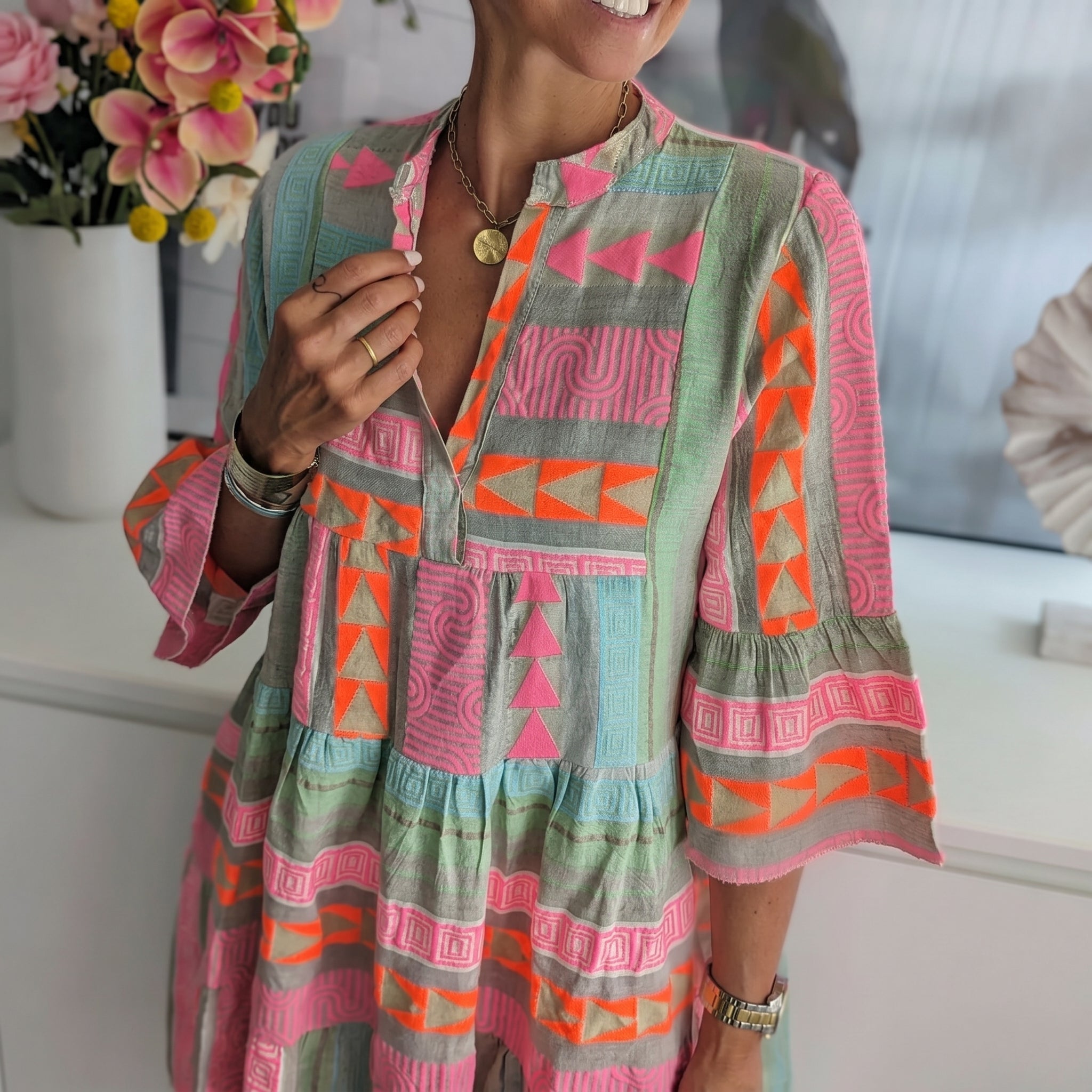 Clara - Women's Summer Printed Flared Sleeve Midi Dress - Midi Dress - Pink - Taylor & Bennett