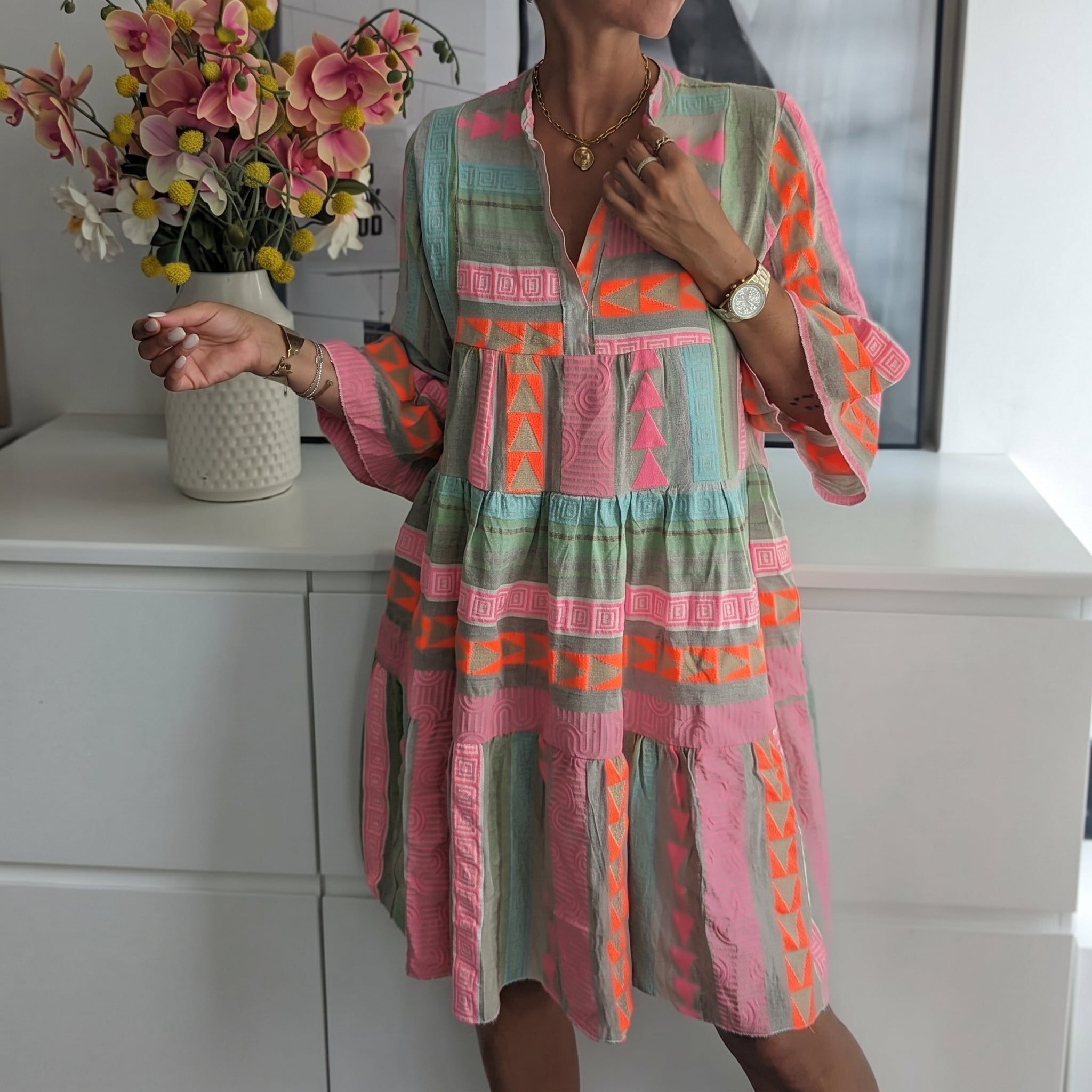 Clara - Women's Summer Printed Flared Sleeve Midi Dress - Midi Dress - Pink - Taylor & Bennett