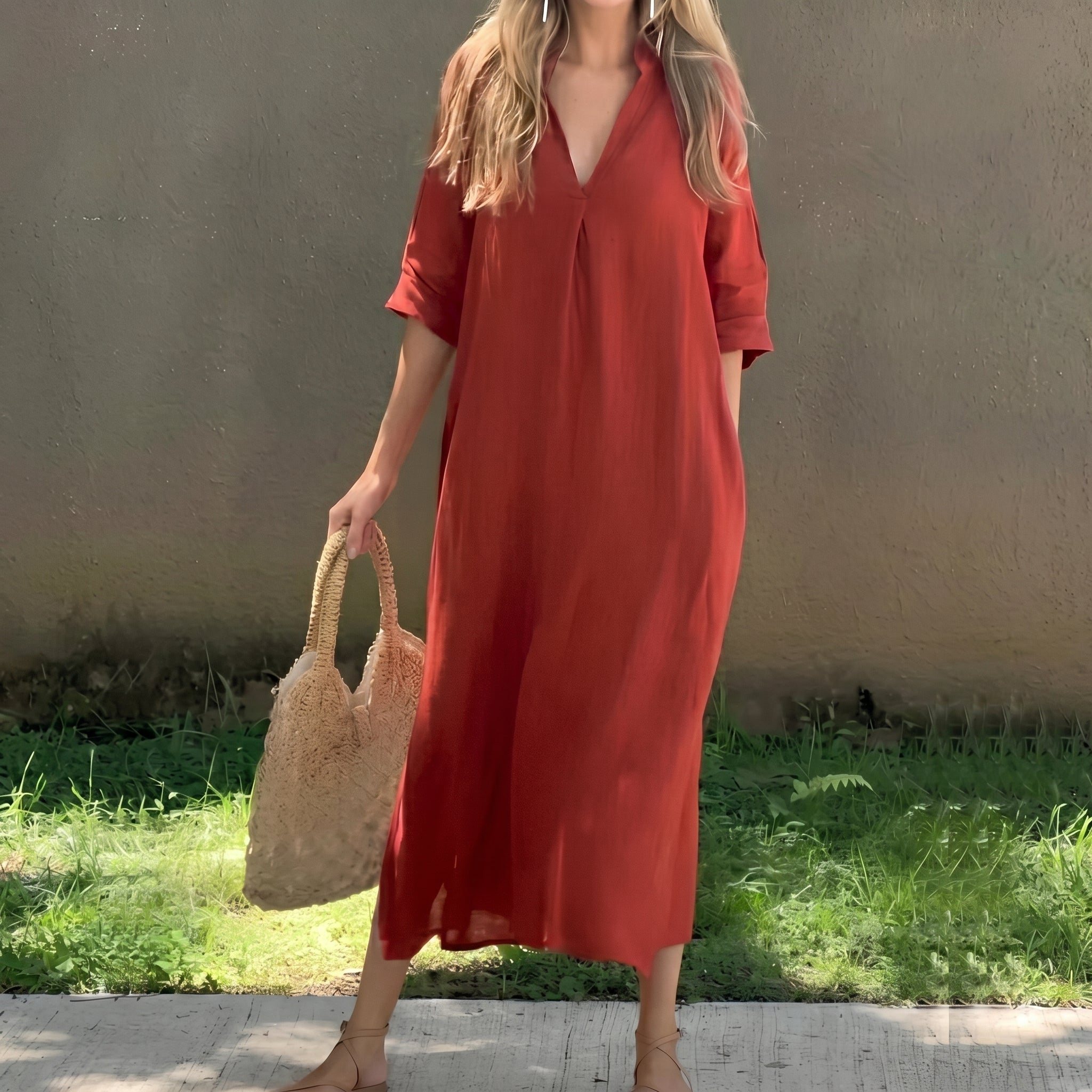 Clara - Women's Summer Relaxed Fit 3/4 Sleeve Maxi Dress - Maxi Dress - Red - Taylor & Bennett