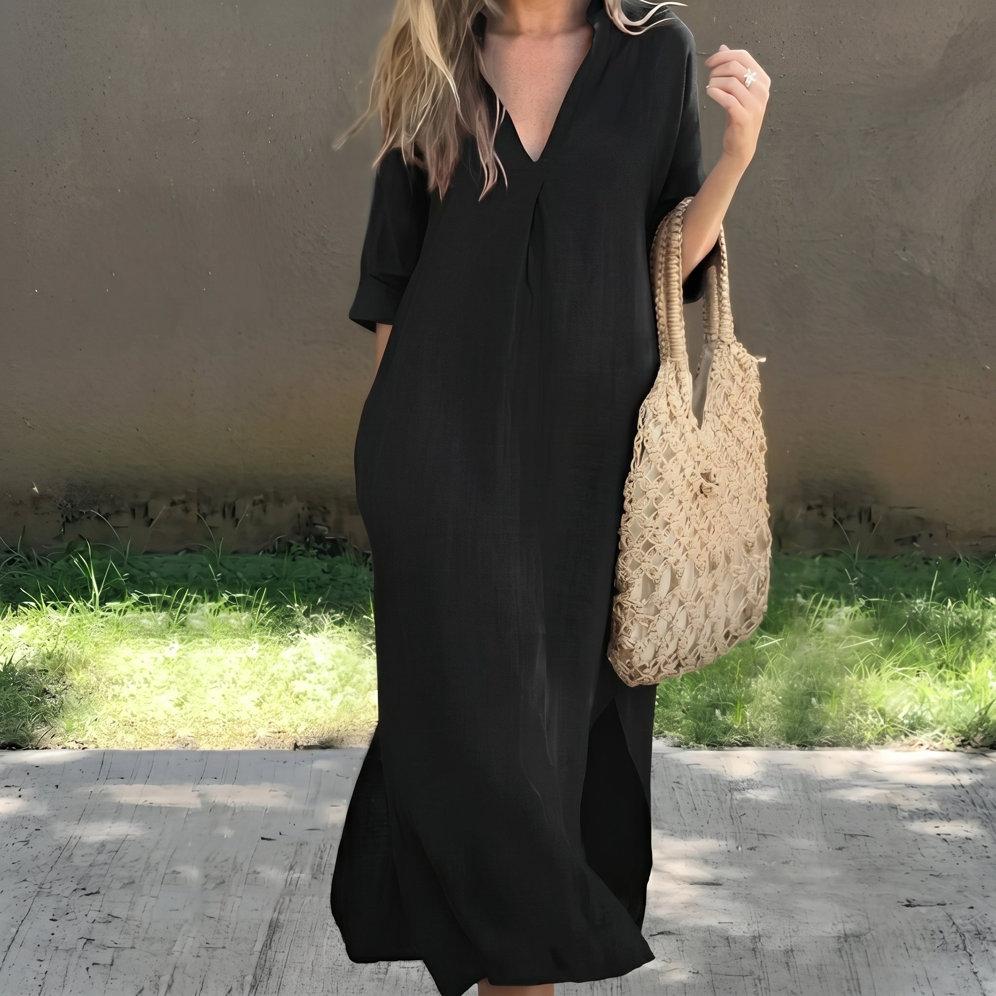 Clara - Women's Summer Relaxed Fit 3/4 Sleeve Maxi Dress - Maxi Dress - Black - Taylor & Bennett