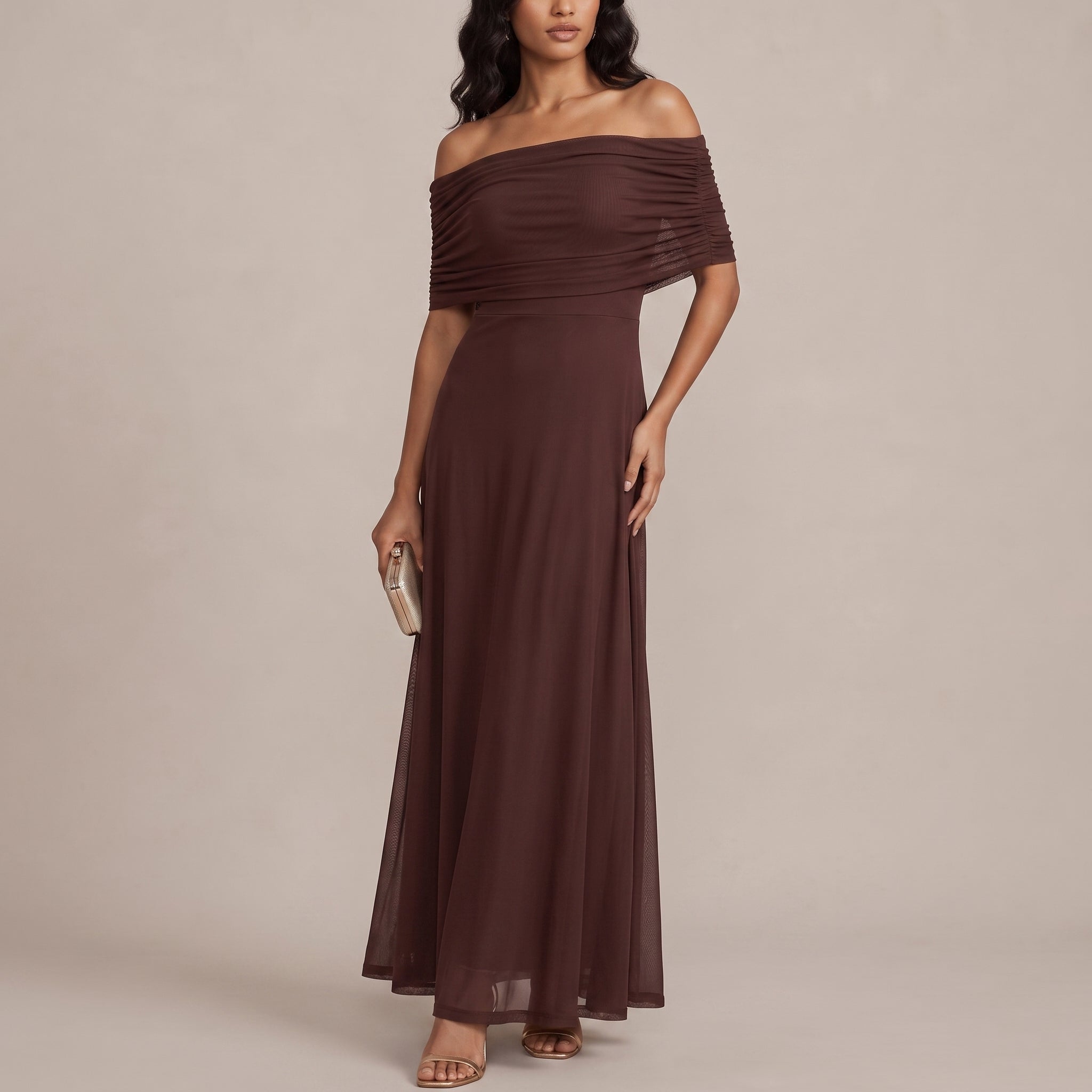 Clara - Women's Wedding Guest Off-Shoulder Ruched Maxi Dress - Dresses - Brown - Taylor & Bennett