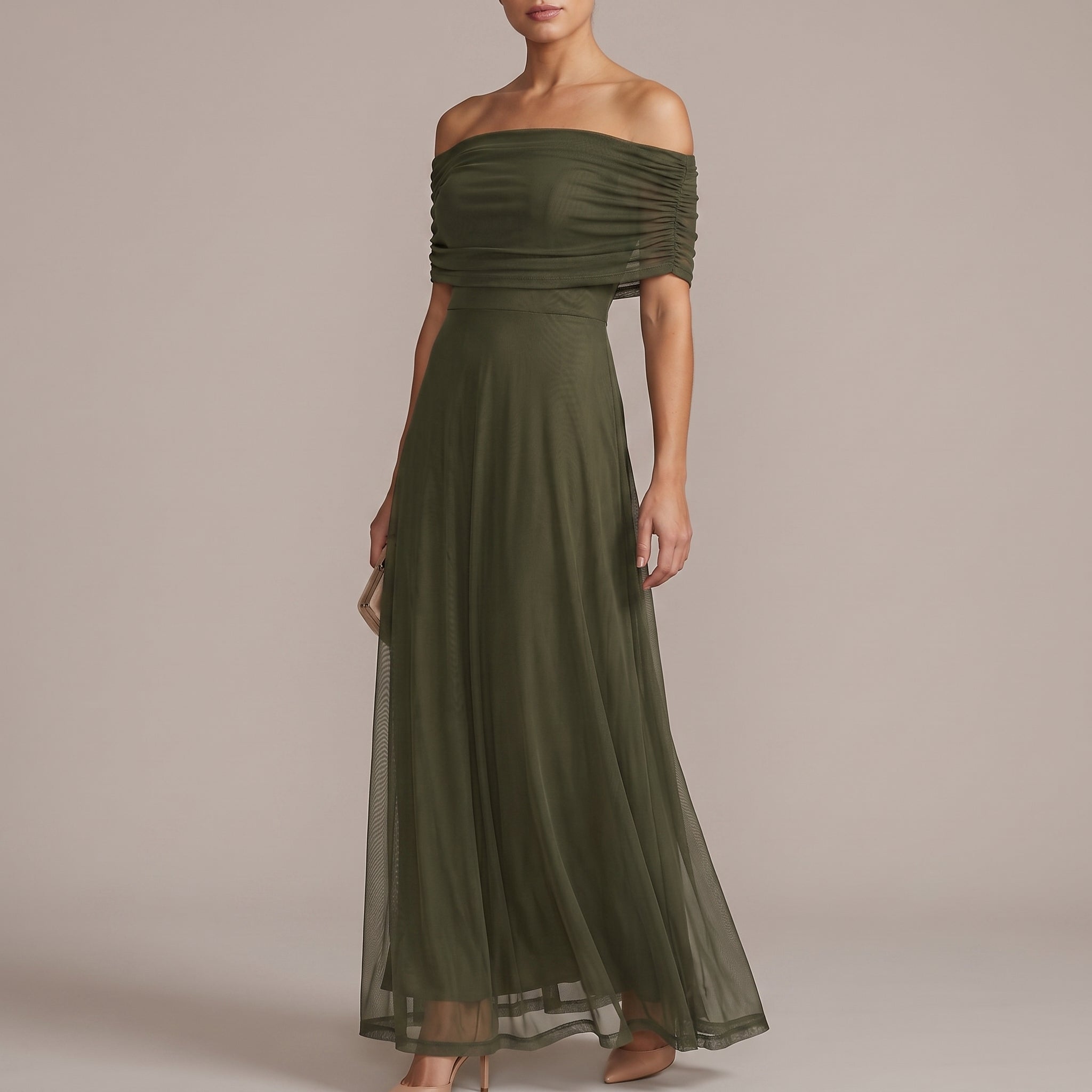 Clara - Women's Wedding Guest Off-Shoulder Ruched Maxi Dress - Dresses - Army Green - Taylor & Bennett
