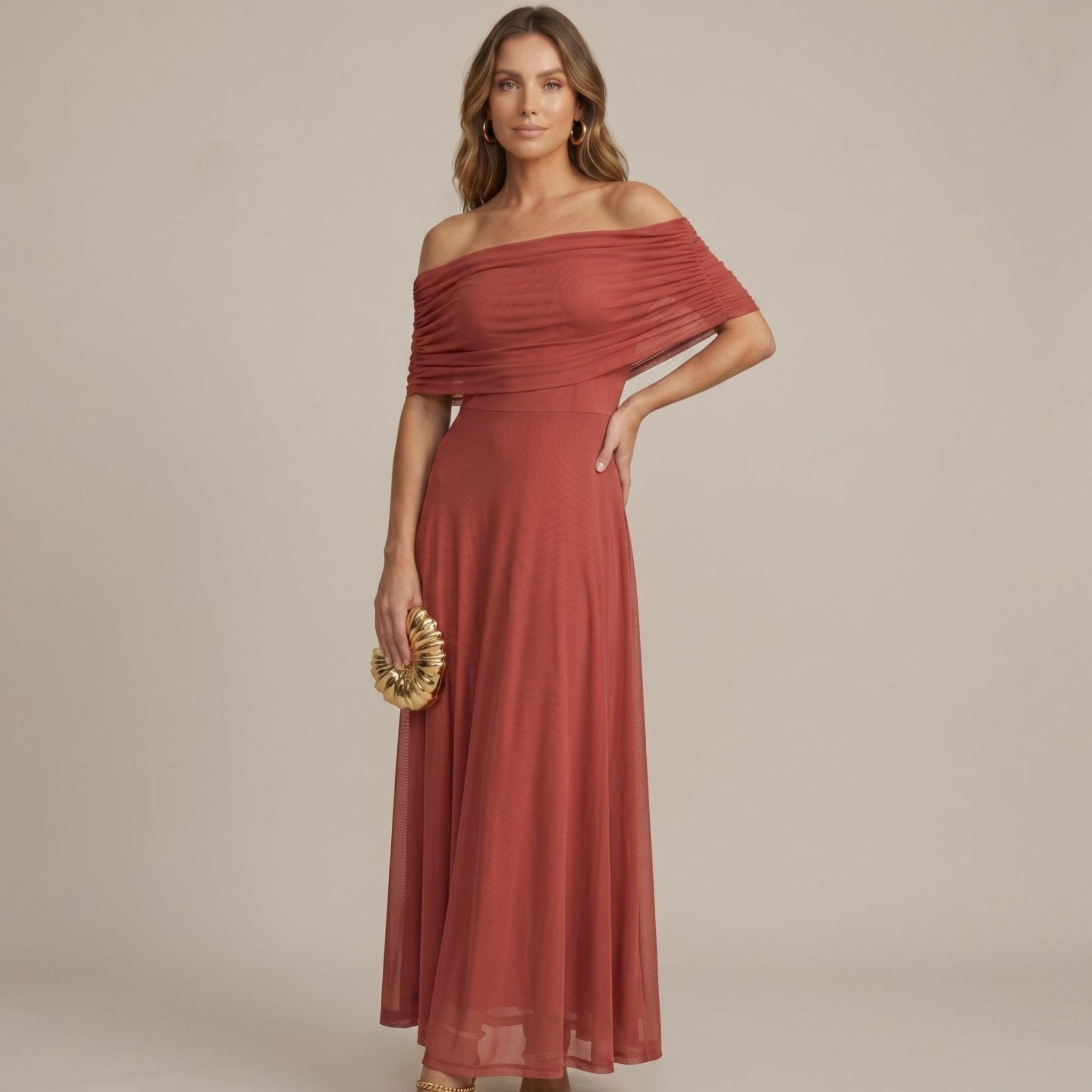 Clara - Women's Wedding Guest Off-Shoulder Ruched Maxi Dress - Dresses - Red - Taylor & Bennett