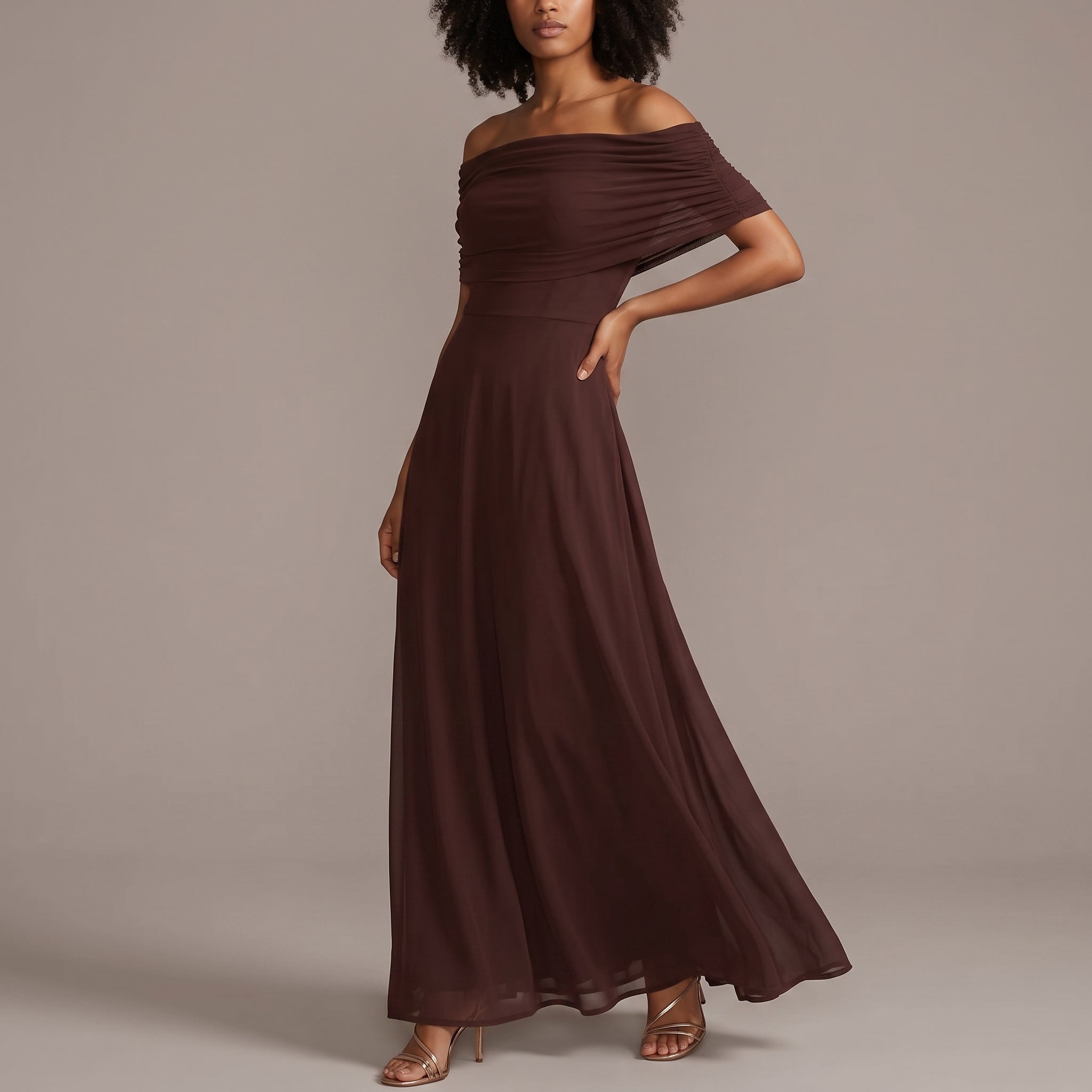 Clara - Women's Wedding Guest Off-Shoulder Ruched Maxi Dress - Dresses - Brown - Taylor & Bennett