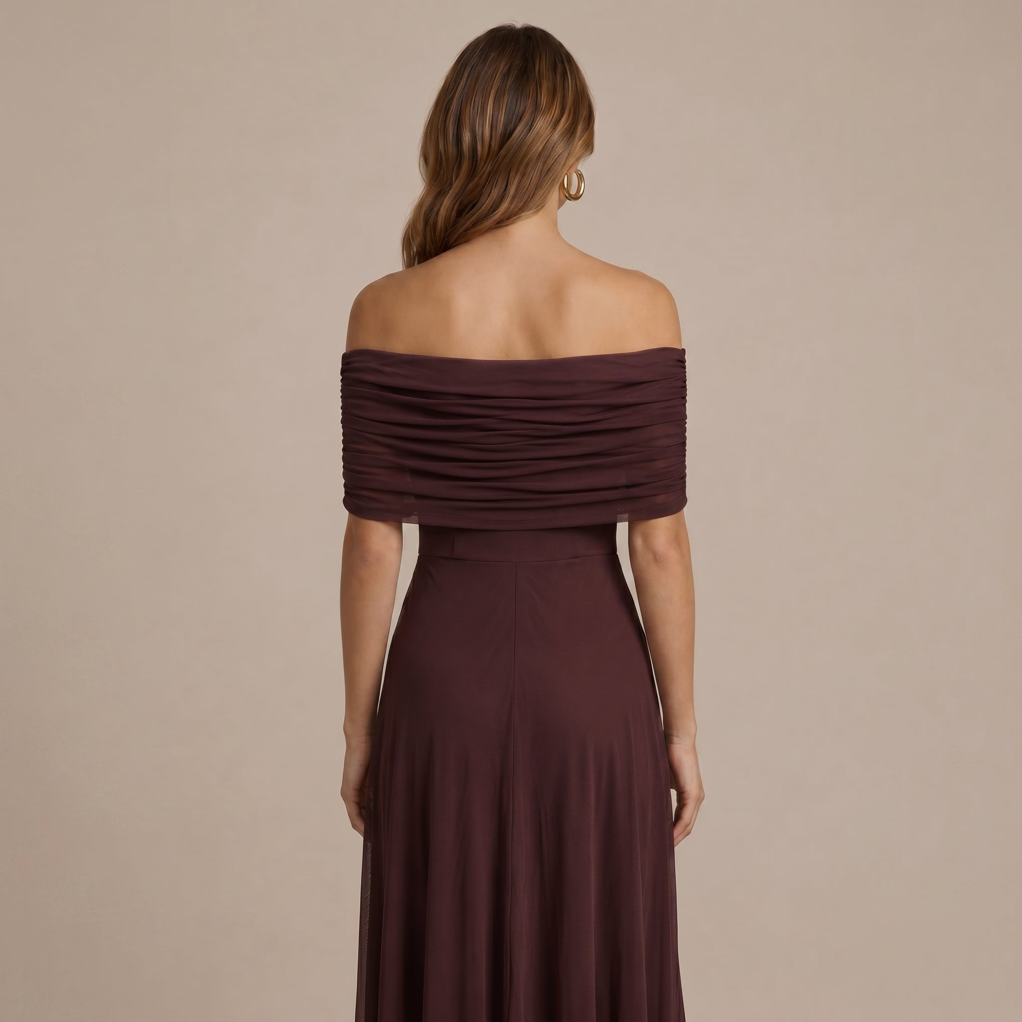 Clara - Women's Wedding Guest Off-Shoulder Ruched Maxi Dress - Dresses - Brown - Taylor & Bennett